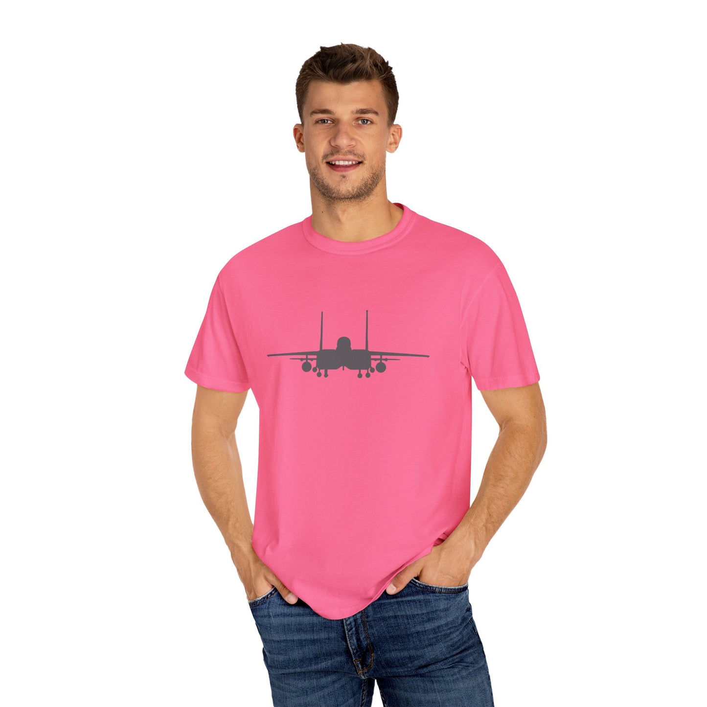 F-15E Front Silhouette Comfort Colors Unisex T-Shirt with Airplane Design, Casual Wear, Gift for Pilots, Aviation Lovers, Travel Enthusiasts, Plane Spotting