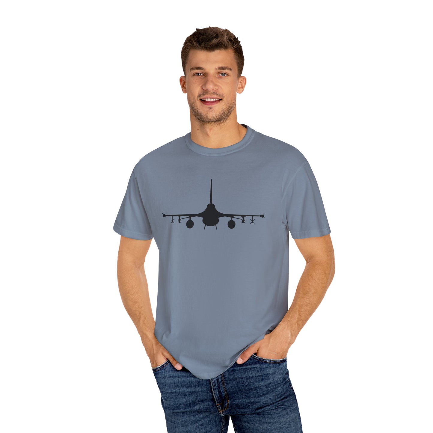 F-16 Front Silhouette Comfort Colors Unisex T-Shirt with Airplane Design, Casual Wear, Gift for Pilots, Aviation Lovers, Travel Enthusiasts, Plane Spotting