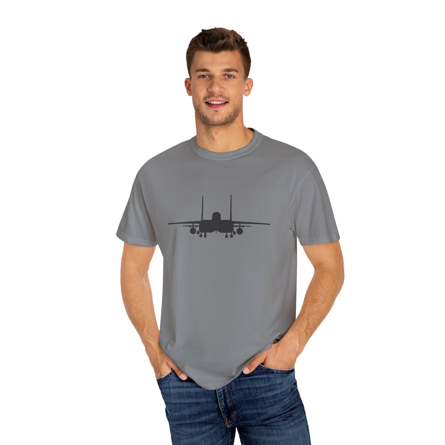 F-15E Front Silhouette Comfort Colors Unisex T-Shirt with Airplane Design, Casual Wear, Gift for Pilots, Aviation Lovers, Travel Enthusiasts, Plane Spotting