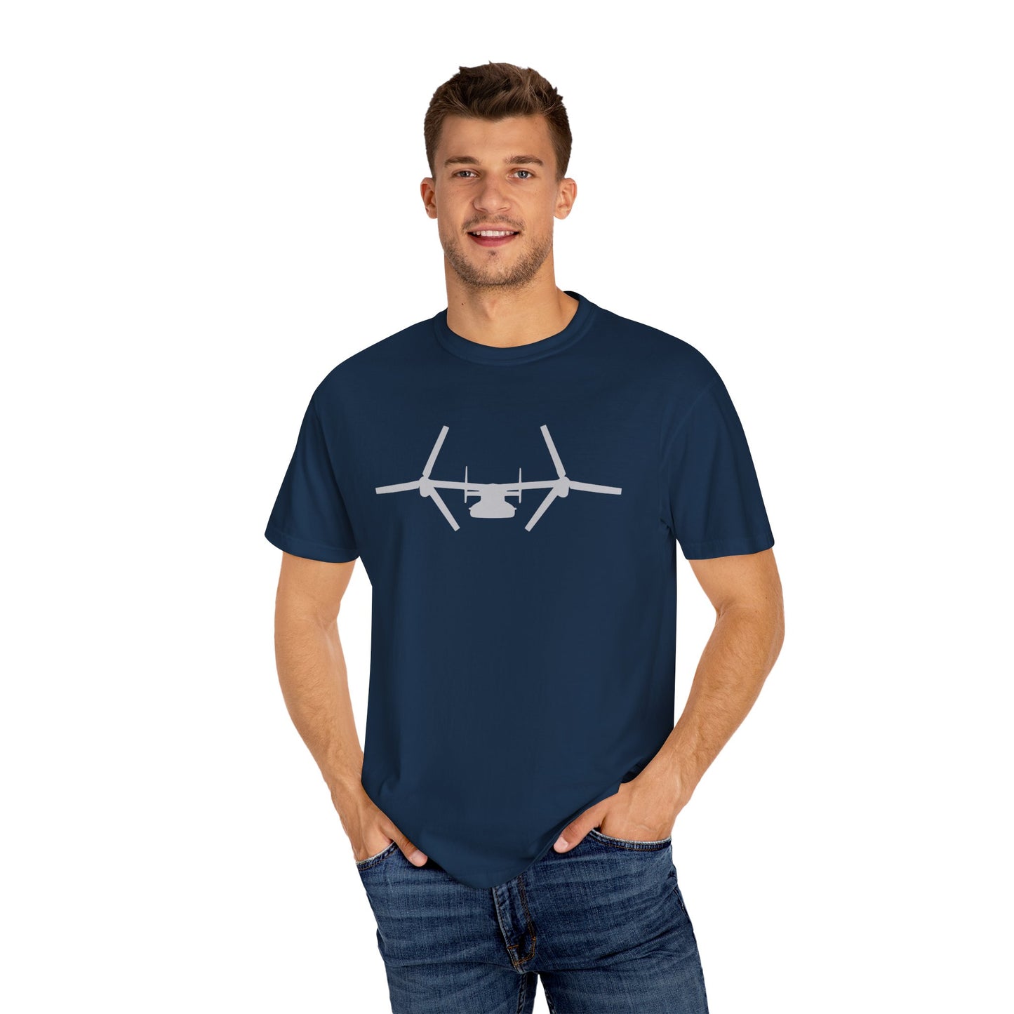 V-22 Front Silhouette Comfort Colors Unisex T-Shirt with Airplane Design, Casual Wear, Gift for Pilots, Aviation Lovers, Travel Enthusiasts, Plane Spotting