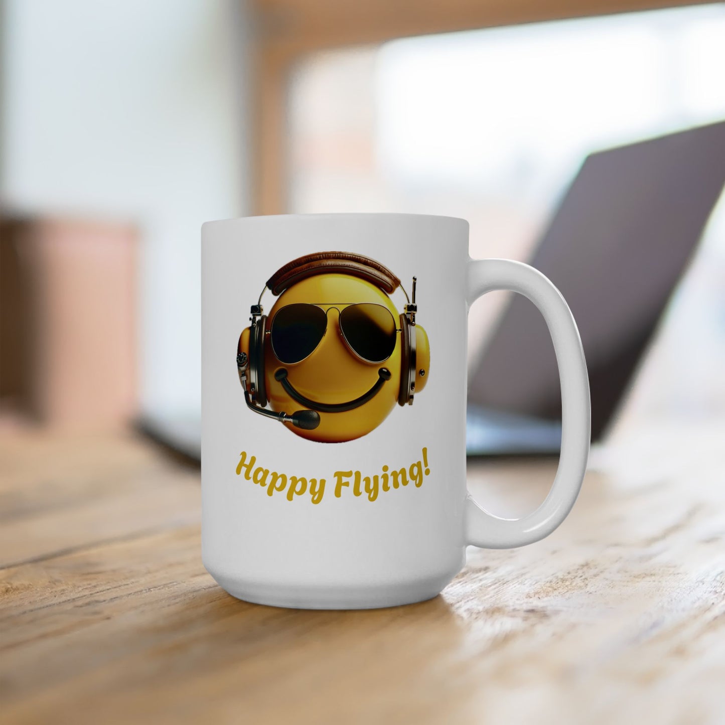 Happy Flying! Retro Pilot Smiley Face Ceramic Mug, Fun Coffee Cup for Pilots, Unique Gift for Aviation Enthusiasts, 15oz