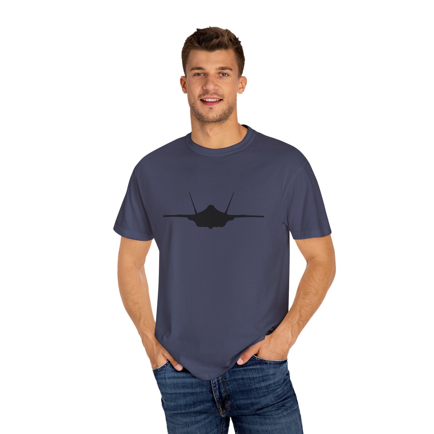 F-35A Front Silhouette Comfort Colors Unisex T-Shirt with Airplane Design, Casual Wear, Gift for Pilots, Aviation Lovers, Travel Enthusiasts, Plane Spotting