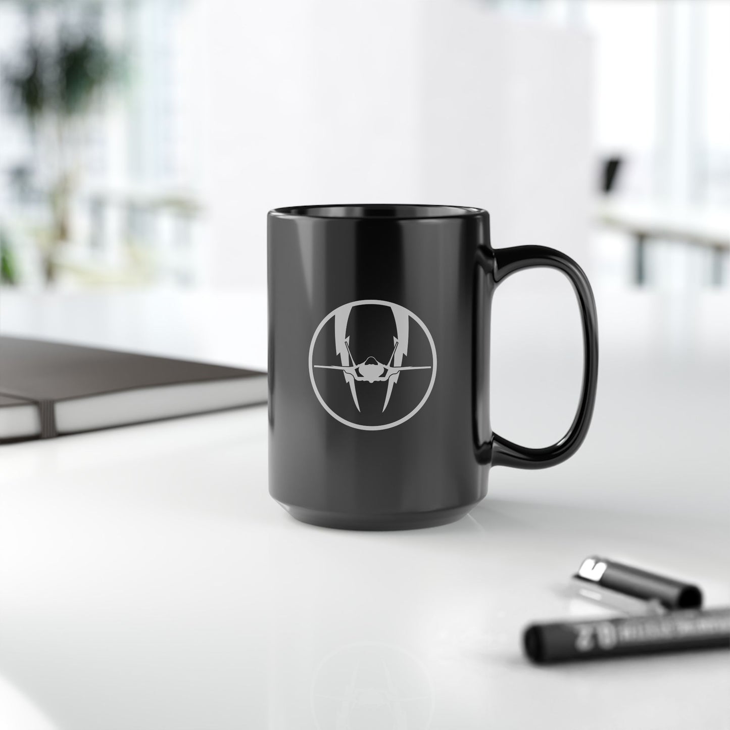 F-35 Lightning II & Front Silhouette Black Mug, 15oz