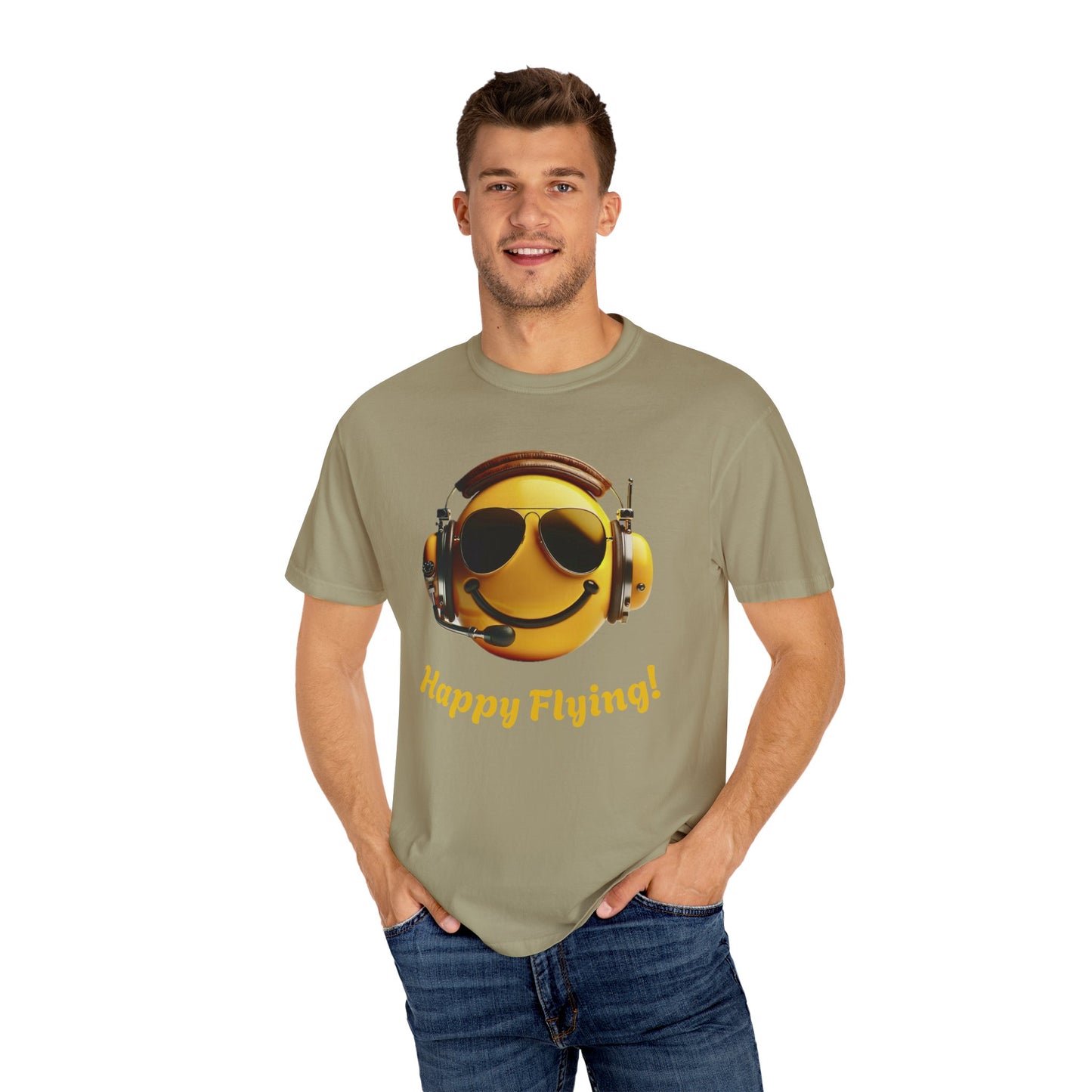 Happy Flying! - Smiley Face Comfort Colors Unisex T-Shirt, Casual Wear, Gift for Pilots, Aviation Lovers, Travel Enthusiasts, Plane Spotting