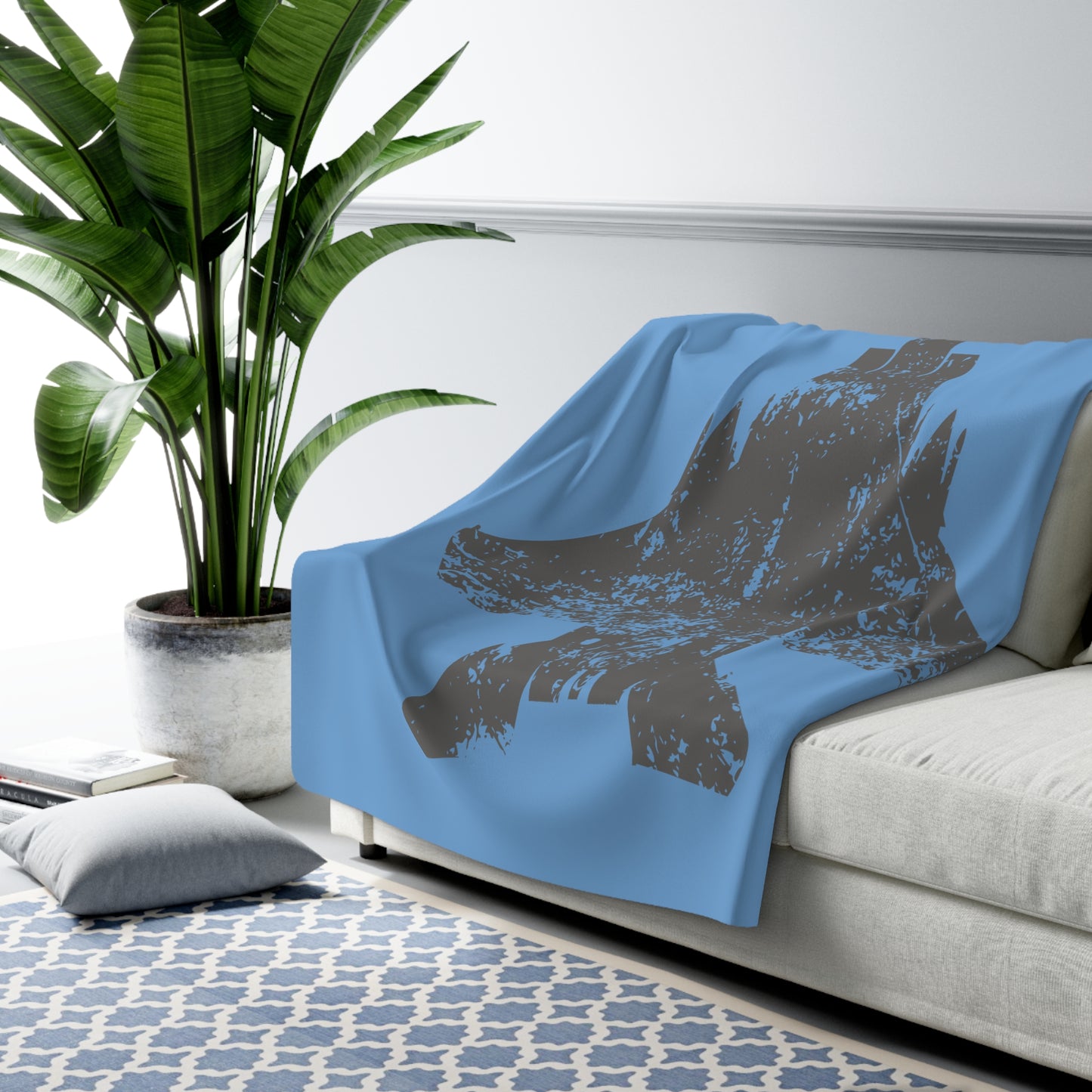 Light Blue Sherpa Blanket with F-15E Silhouette Graphic