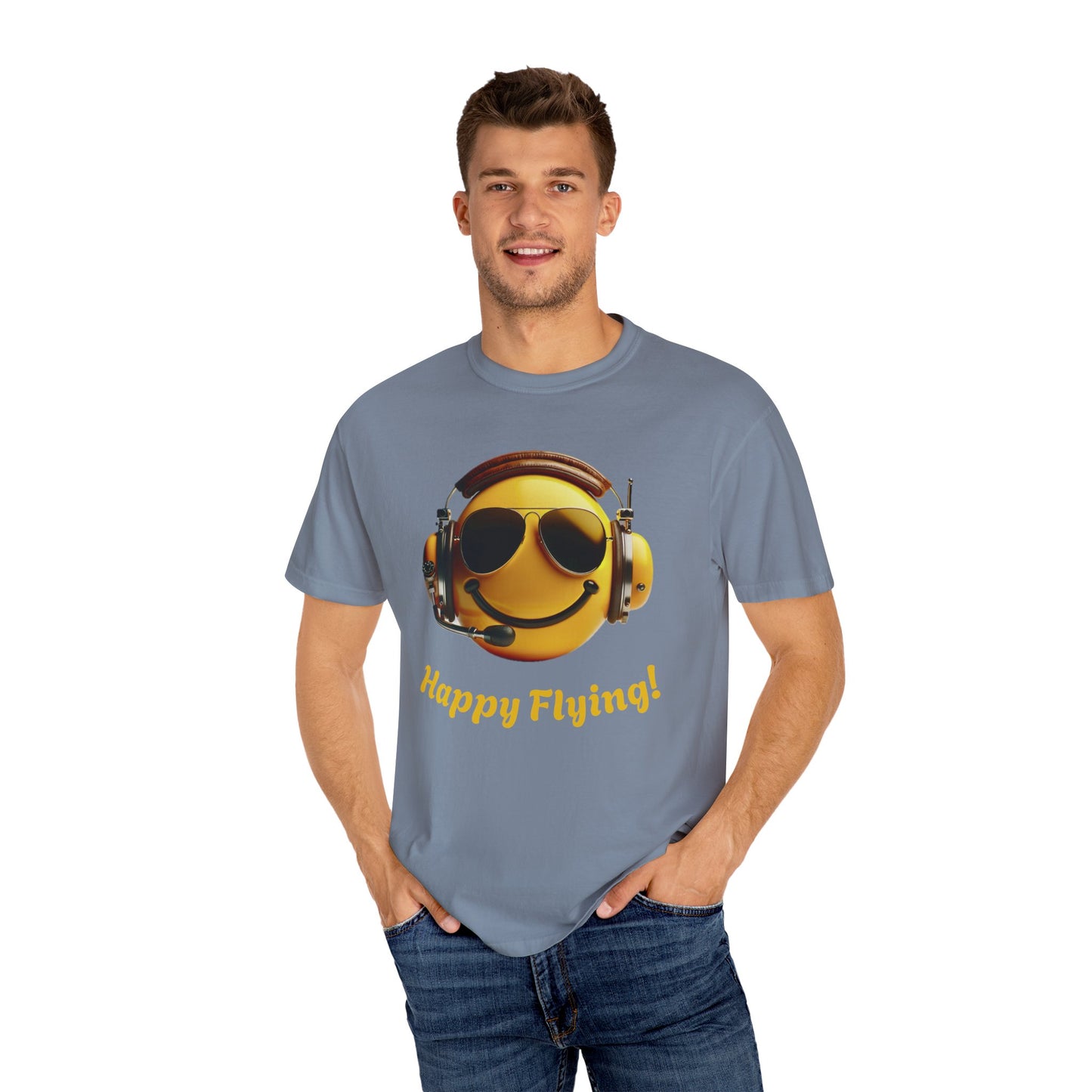 Happy Flying! - Smiley Face Comfort Colors Unisex T-Shirt, Casual Wear, Gift for Pilots, Aviation Lovers, Travel Enthusiasts, Plane Spotting
