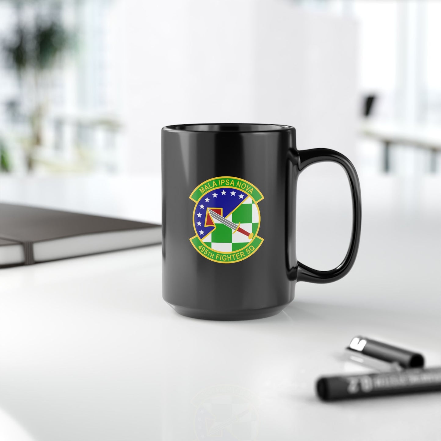 495FS & F-35A Front Silhouette Black Mug, 15oz