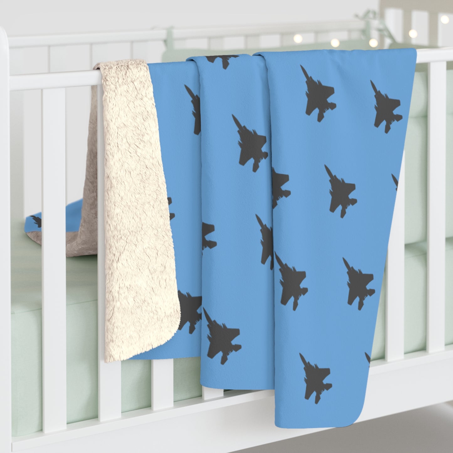 F-15E Pattern Sherpa Fleece Blanket, Light Blue