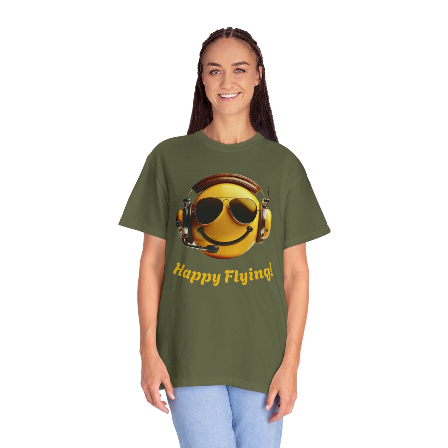 Happy Flying! - Smiley Face Comfort Colors Unisex T-Shirt, Casual Wear, Gift for Pilots, Aviation Lovers, Travel Enthusiasts, Plane Spotting