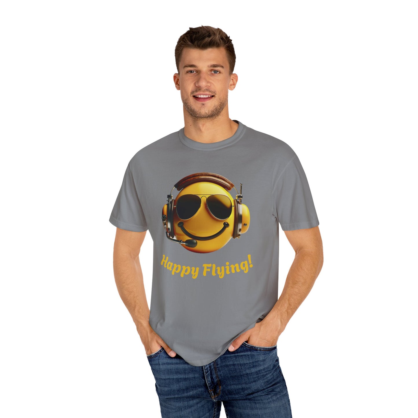 Happy Flying! - Smiley Face Comfort Colors Unisex T-Shirt, Casual Wear, Gift for Pilots, Aviation Lovers, Travel Enthusiasts, Plane Spotting