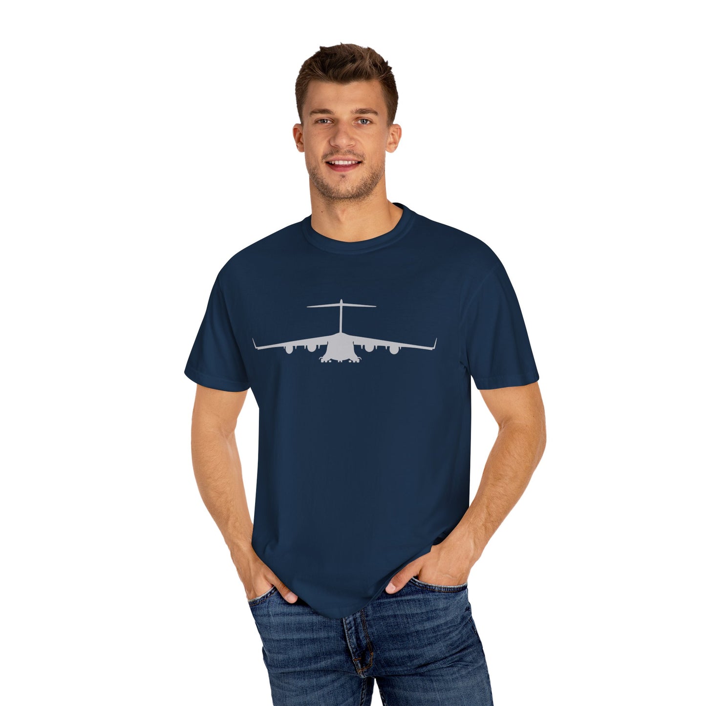 C-17 Front Silhouette Comfort Colors Unisex T-Shirt with Airplane Design, Casual Wear, Gift for Pilots, Aviation Lovers, Travel Enthusiasts, Plane Spotting