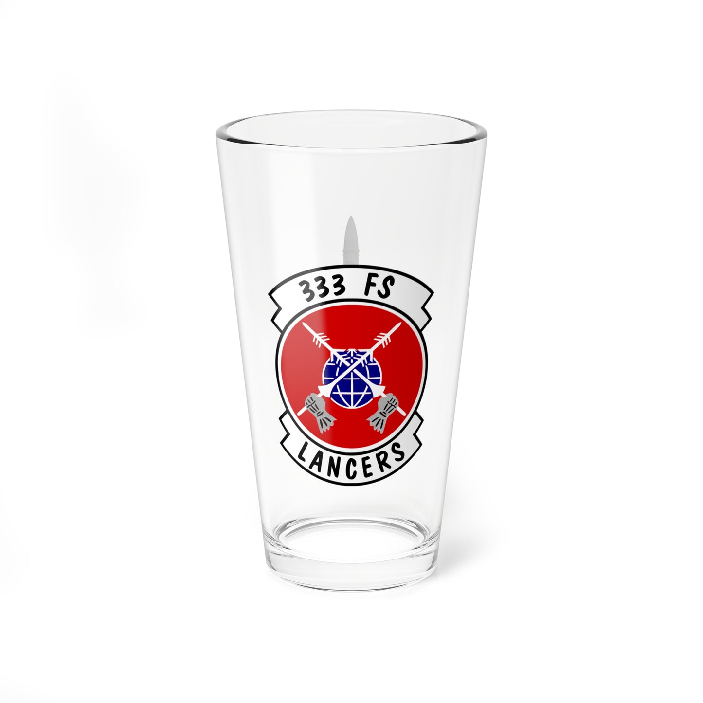 333FS "Lancers" Mixing Glass, 16oz, with F-15E top view on opposite side