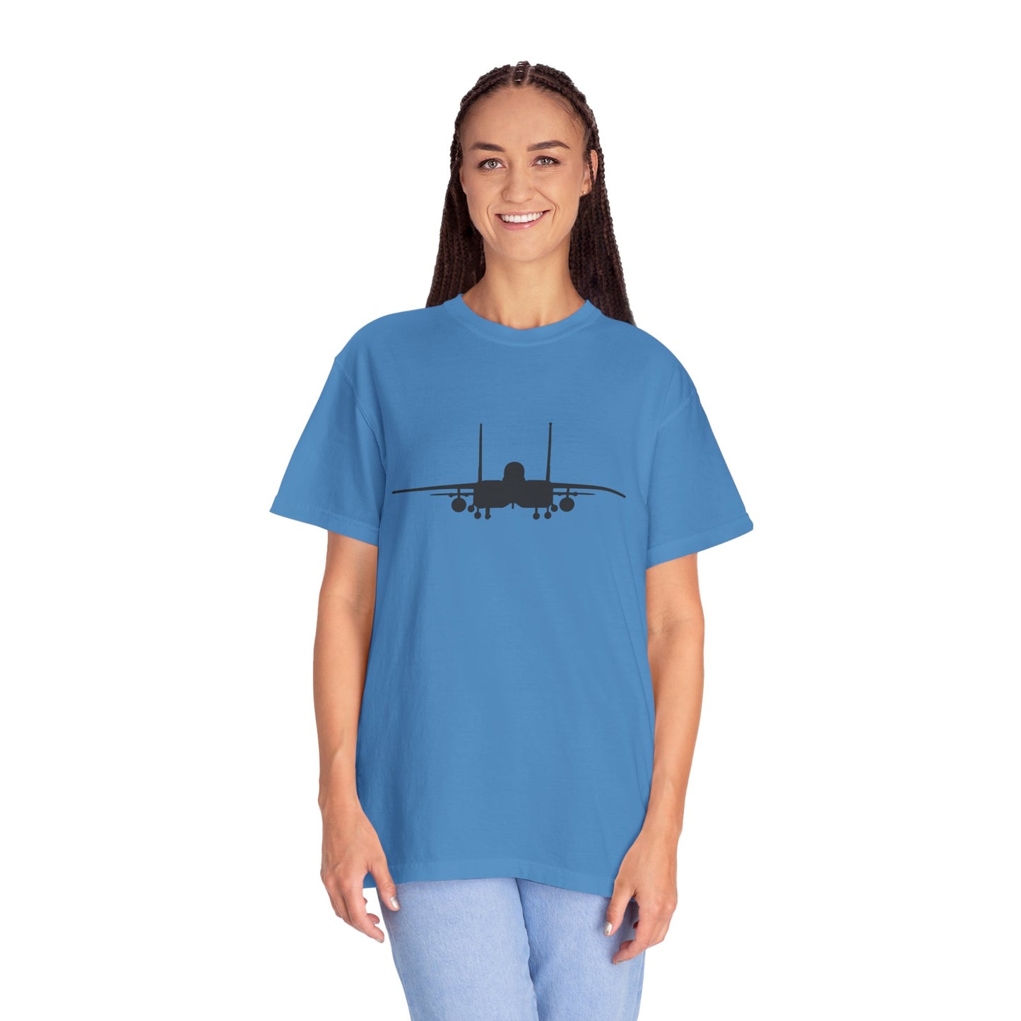 F-15E Front Silhouette Comfort Colors Unisex T-Shirt with Airplane Design, Casual Wear, Gift for Pilots, Aviation Lovers, Travel Enthusiasts, Plane Spotting