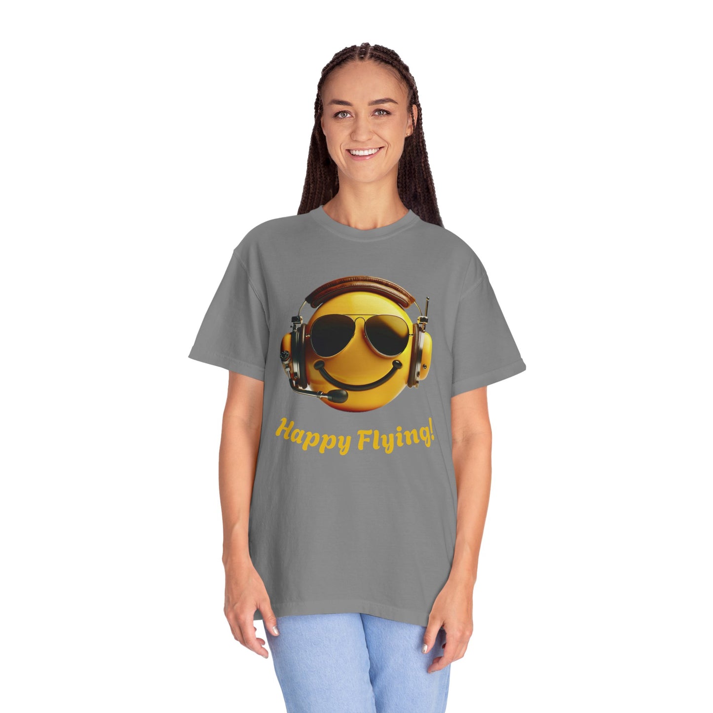 Happy Flying! - Smiley Face Comfort Colors Unisex T-Shirt, Casual Wear, Gift for Pilots, Aviation Lovers, Travel Enthusiasts, Plane Spotting