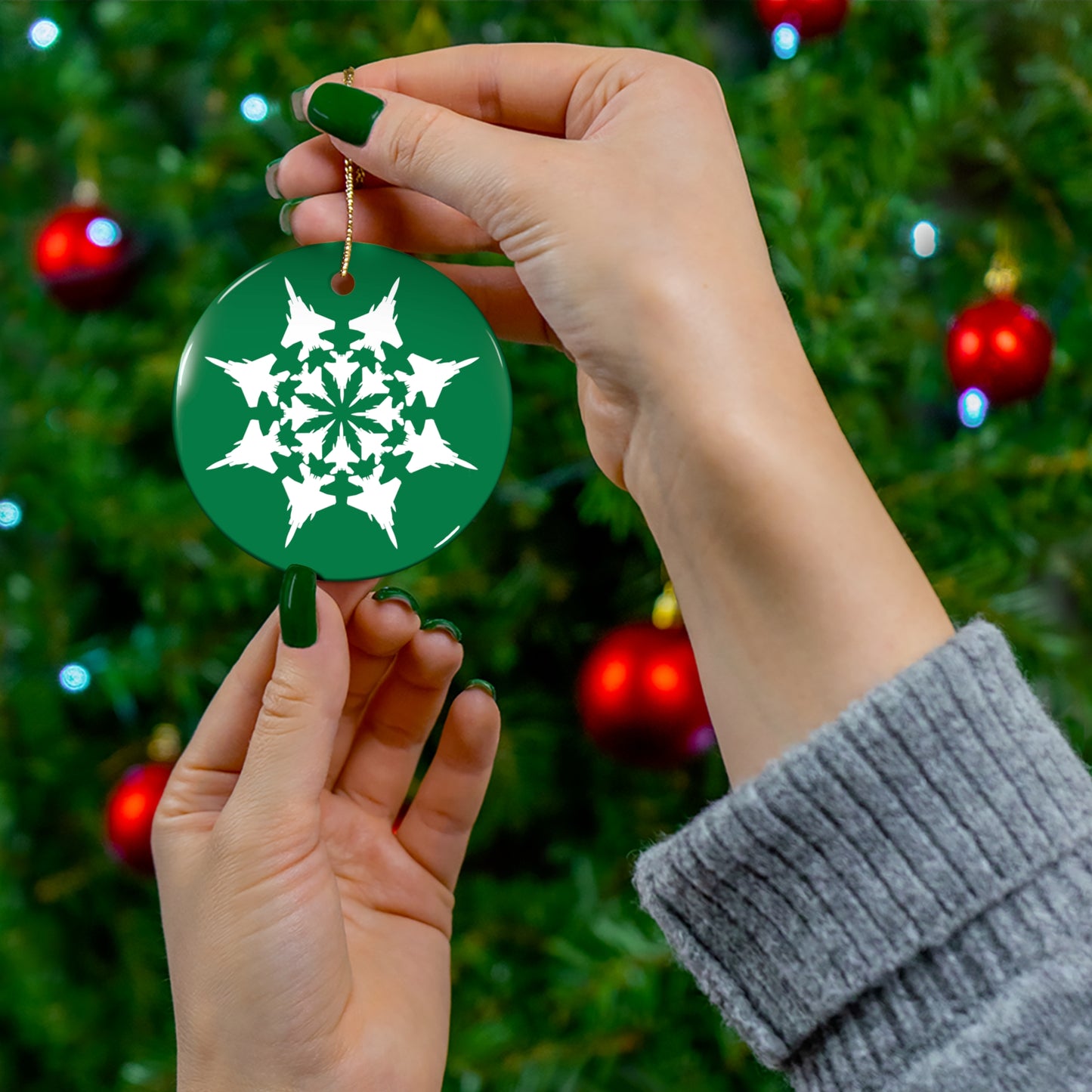 F-15 Snowflake Ceramic Ornament, 2.76", Green