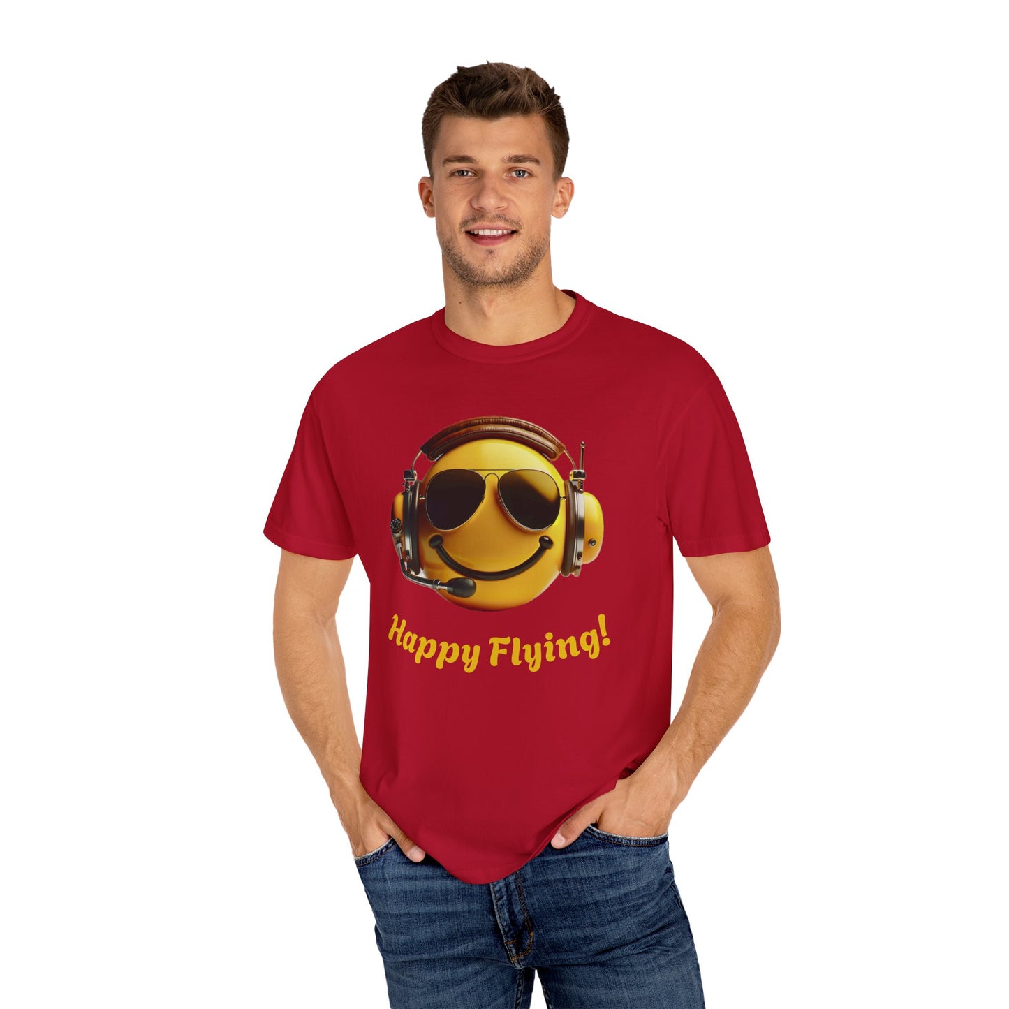 Happy Flying! - Smiley Face Comfort Colors Unisex T-Shirt, Casual Wear, Gift for Pilots, Aviation Lovers, Travel Enthusiasts, Plane Spotting