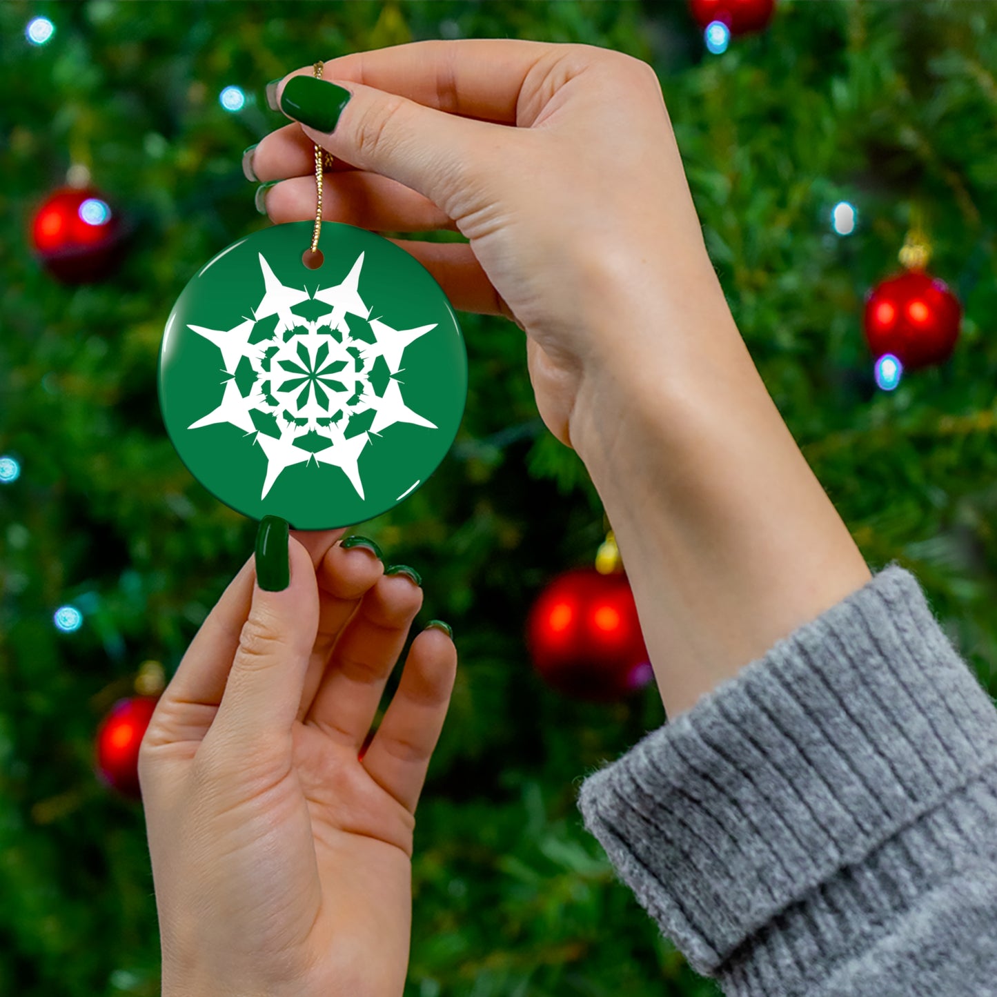 F-16 Snowflake Ceramic Ornament, 2.76", Green