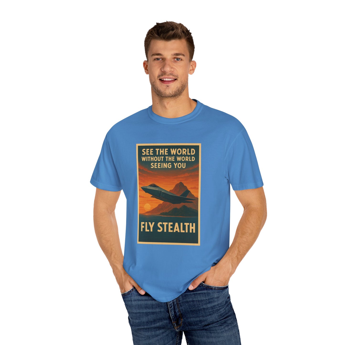 Fly Stealth F-35 Travel Poster Comfort Colors Unisex T-Shirt - Great Gift for Pilots and Aviation Enthusiasts