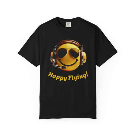 Happy Flying! - Smiley Face Comfort Colors Unisex T-Shirt, Casual Wear, Gift for Pilots, Aviation Lovers, Travel Enthusiasts, Plane Spotting