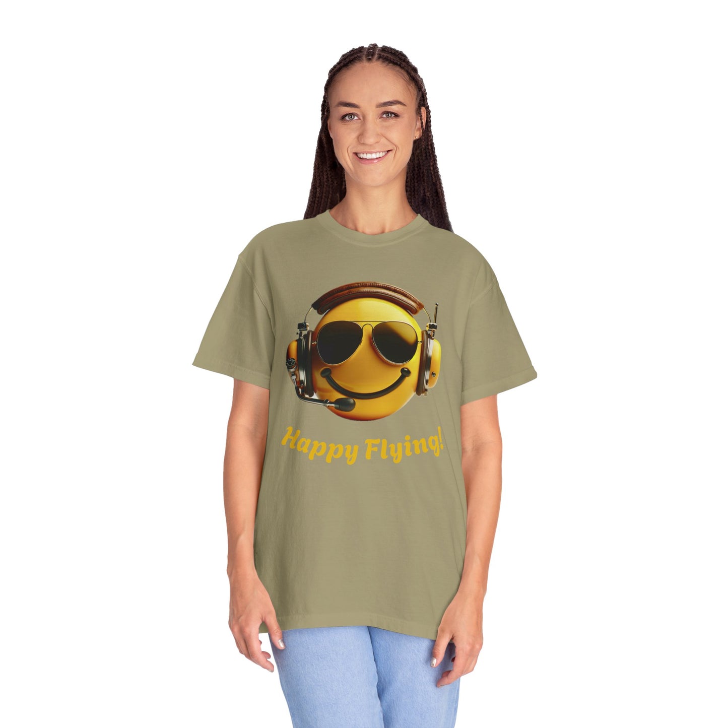 Happy Flying! - Smiley Face Comfort Colors Unisex T-Shirt, Casual Wear, Gift for Pilots, Aviation Lovers, Travel Enthusiasts, Plane Spotting