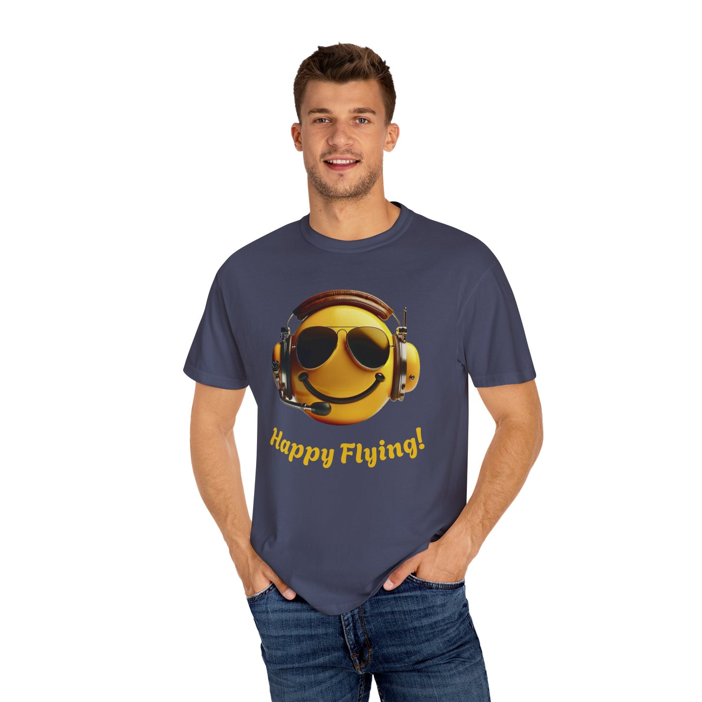 Happy Flying! - Smiley Face Comfort Colors Unisex T-Shirt, Casual Wear, Gift for Pilots, Aviation Lovers, Travel Enthusiasts, Plane Spotting