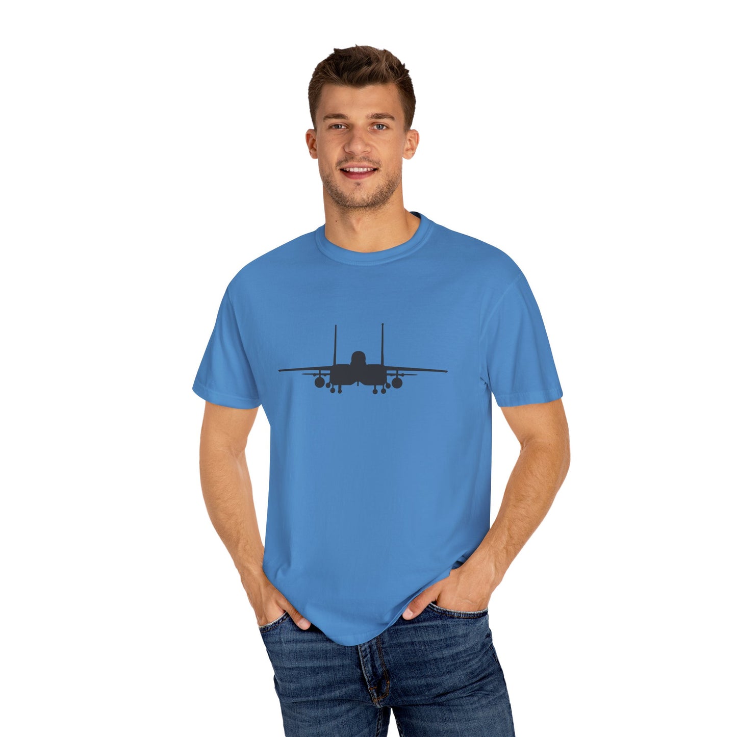 F-15E Front Silhouette Comfort Colors Unisex T-Shirt with Airplane Design, Casual Wear, Gift for Pilots, Aviation Lovers, Travel Enthusiasts, Plane Spotting