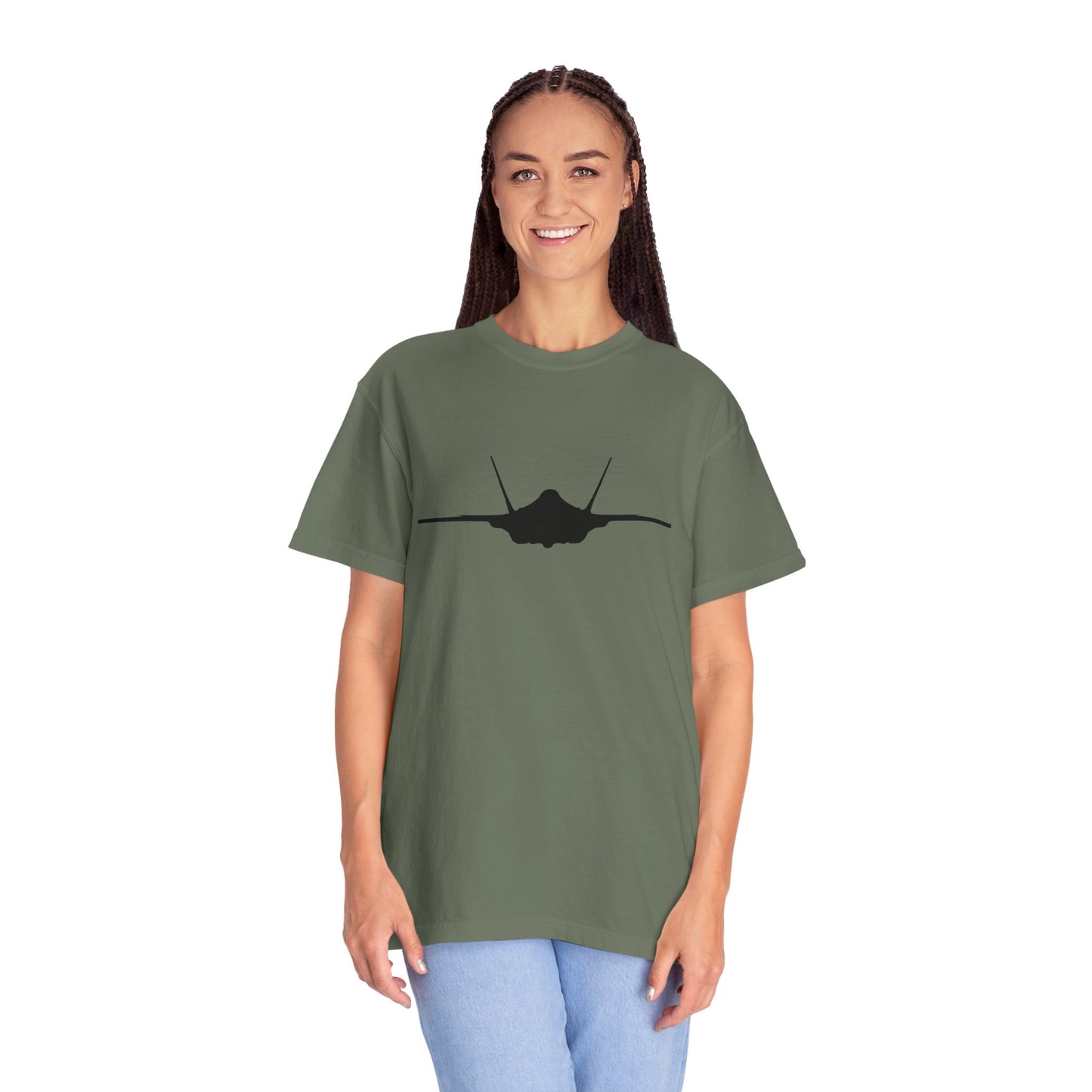 F-35A Front Silhouette Comfort Colors Unisex T-Shirt with Airplane Design, Casual Wear, Gift for Pilots, Aviation Lovers, Travel Enthusiasts, Plane Spotting