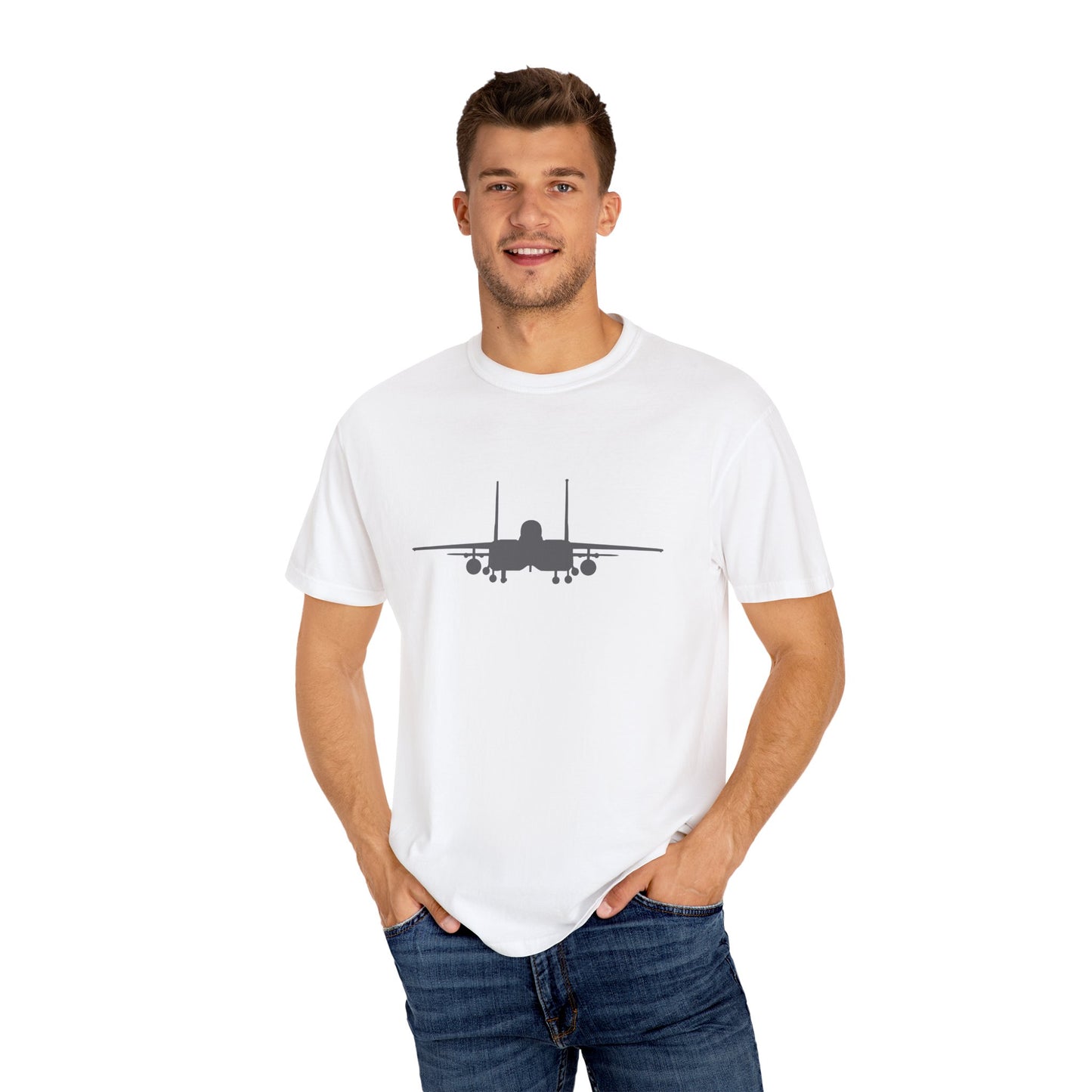 F-15E Front Silhouette Comfort Colors Unisex T-Shirt with Airplane Design, Casual Wear, Gift for Pilots, Aviation Lovers, Travel Enthusiasts, Plane Spotting