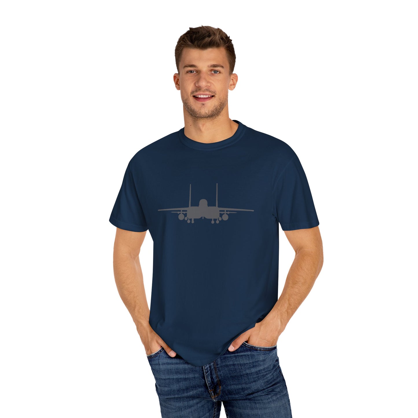 F-15E Front Silhouette Comfort Colors Unisex T-Shirt with Airplane Design, Casual Wear, Gift for Pilots, Aviation Lovers, Travel Enthusiasts, Plane Spotting