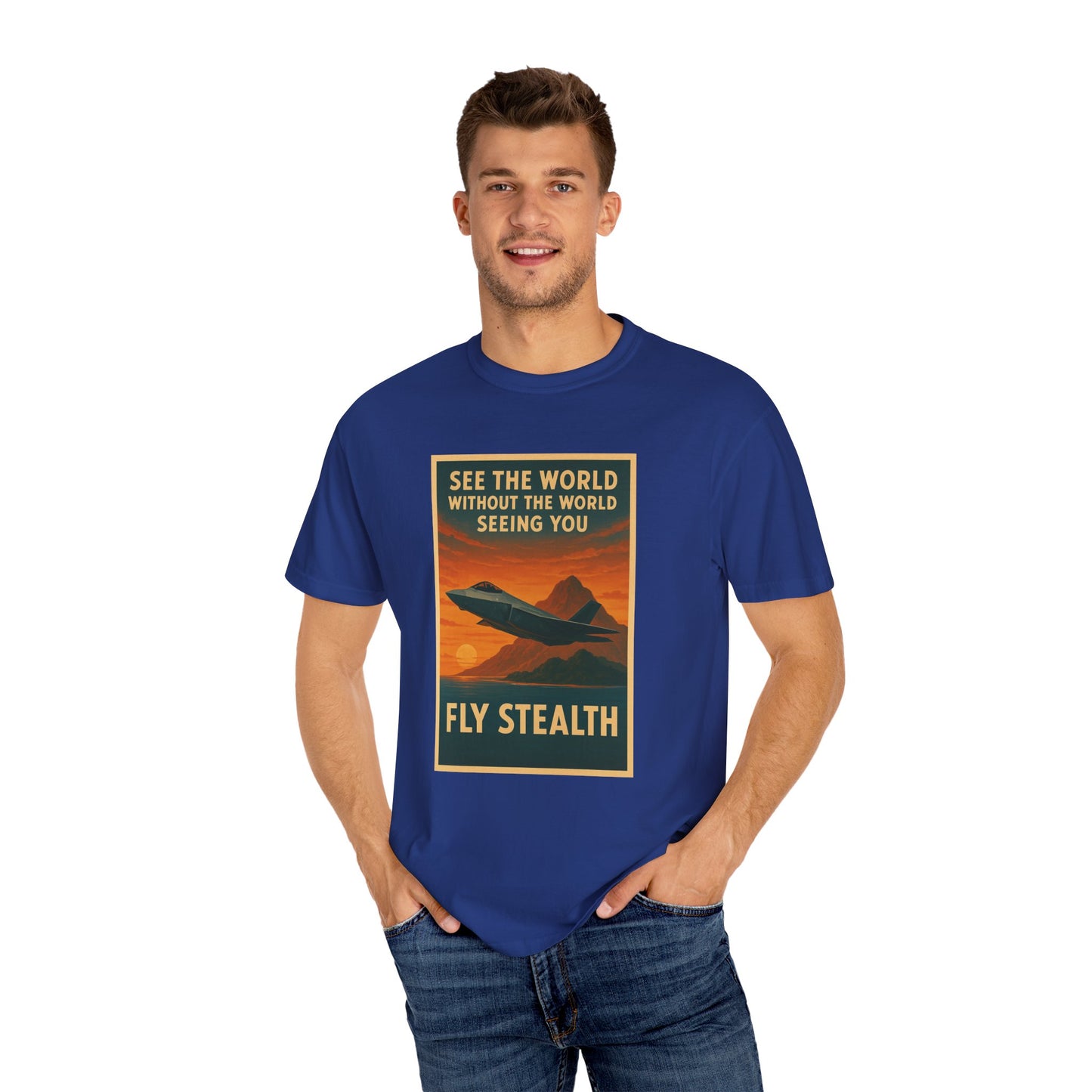 Fly Stealth F-35 Travel Poster Comfort Colors Unisex T-Shirt - Great Gift for Pilots and Aviation Enthusiasts