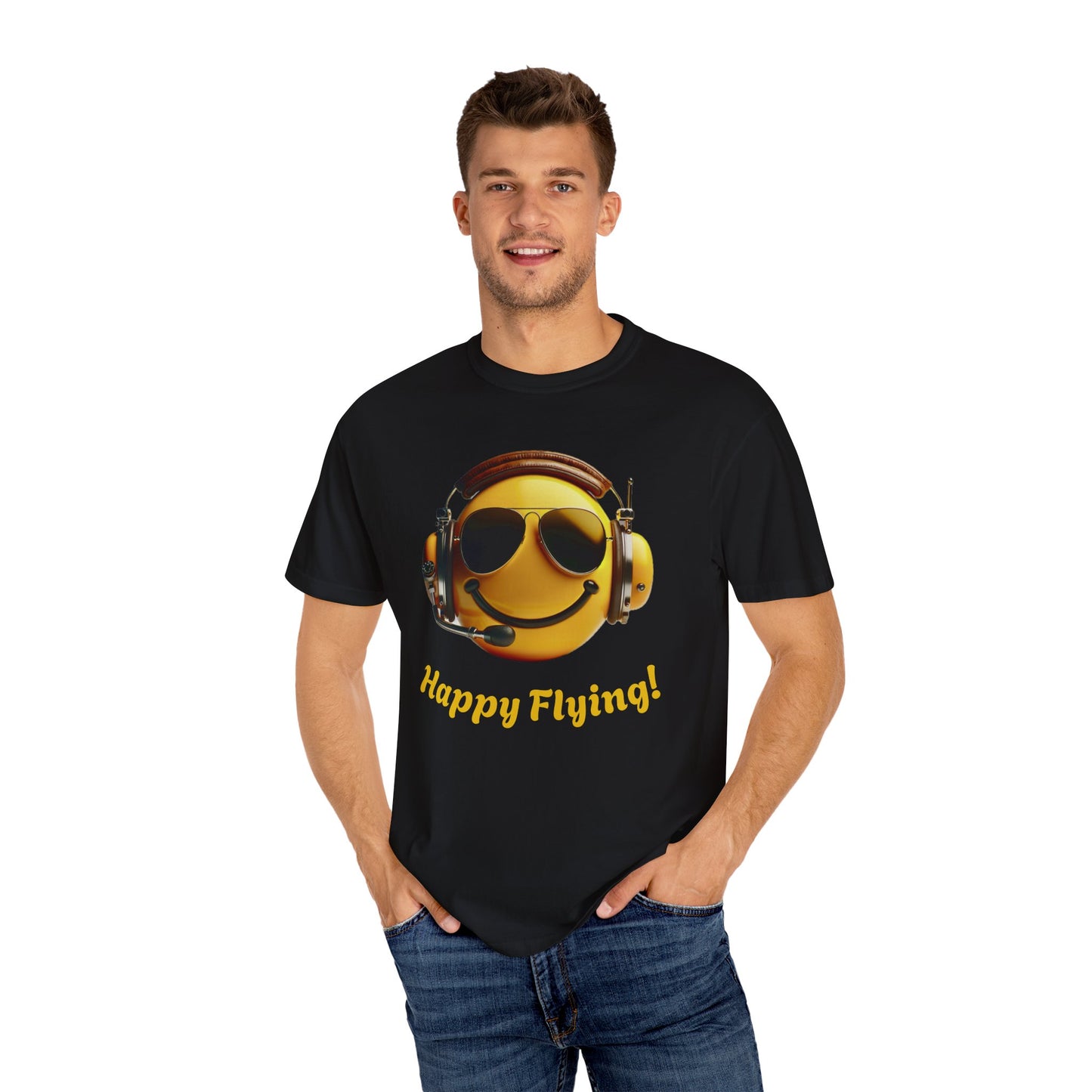 Happy Flying! - Smiley Face Comfort Colors Unisex T-Shirt, Casual Wear, Gift for Pilots, Aviation Lovers, Travel Enthusiasts, Plane Spotting