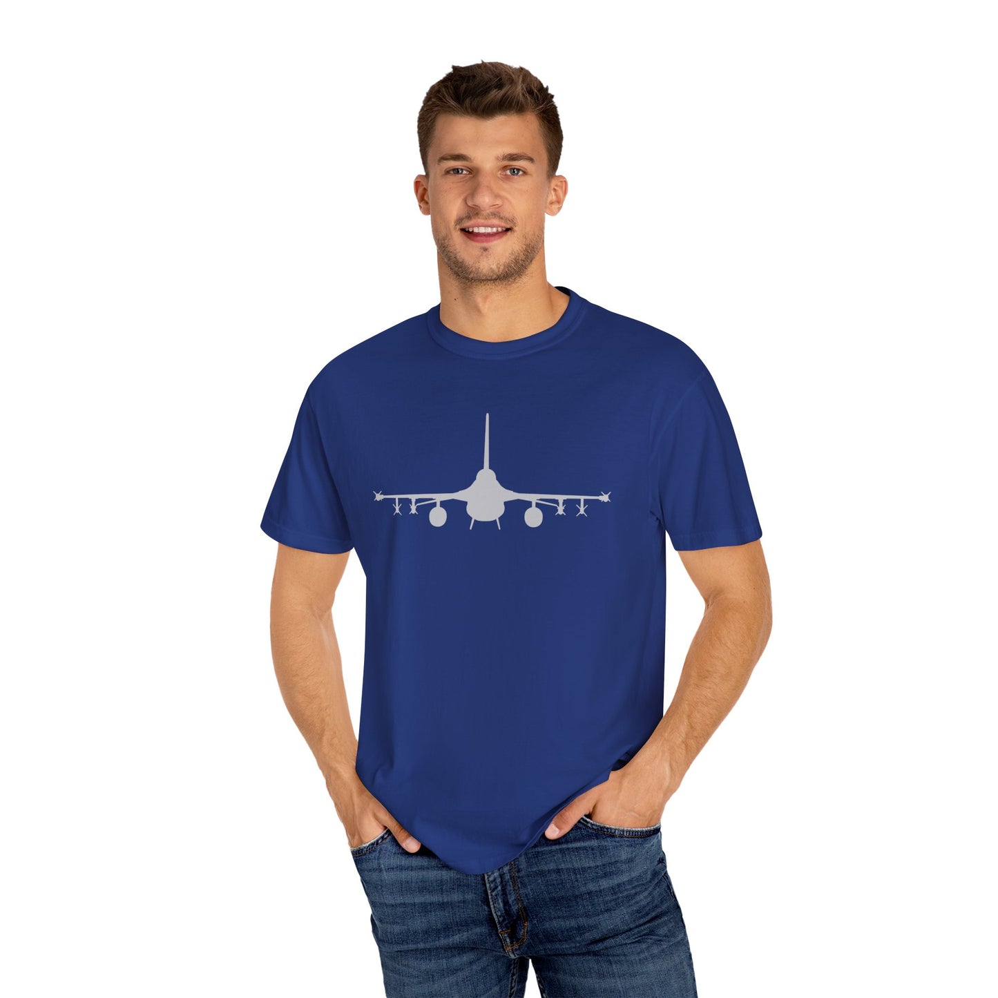 F-16 Front Silhouette Comfort Colors Unisex T-Shirt with Airplane Design, Casual Wear, Gift for Pilots, Aviation Lovers, Travel Enthusiasts, Plane Spotting
