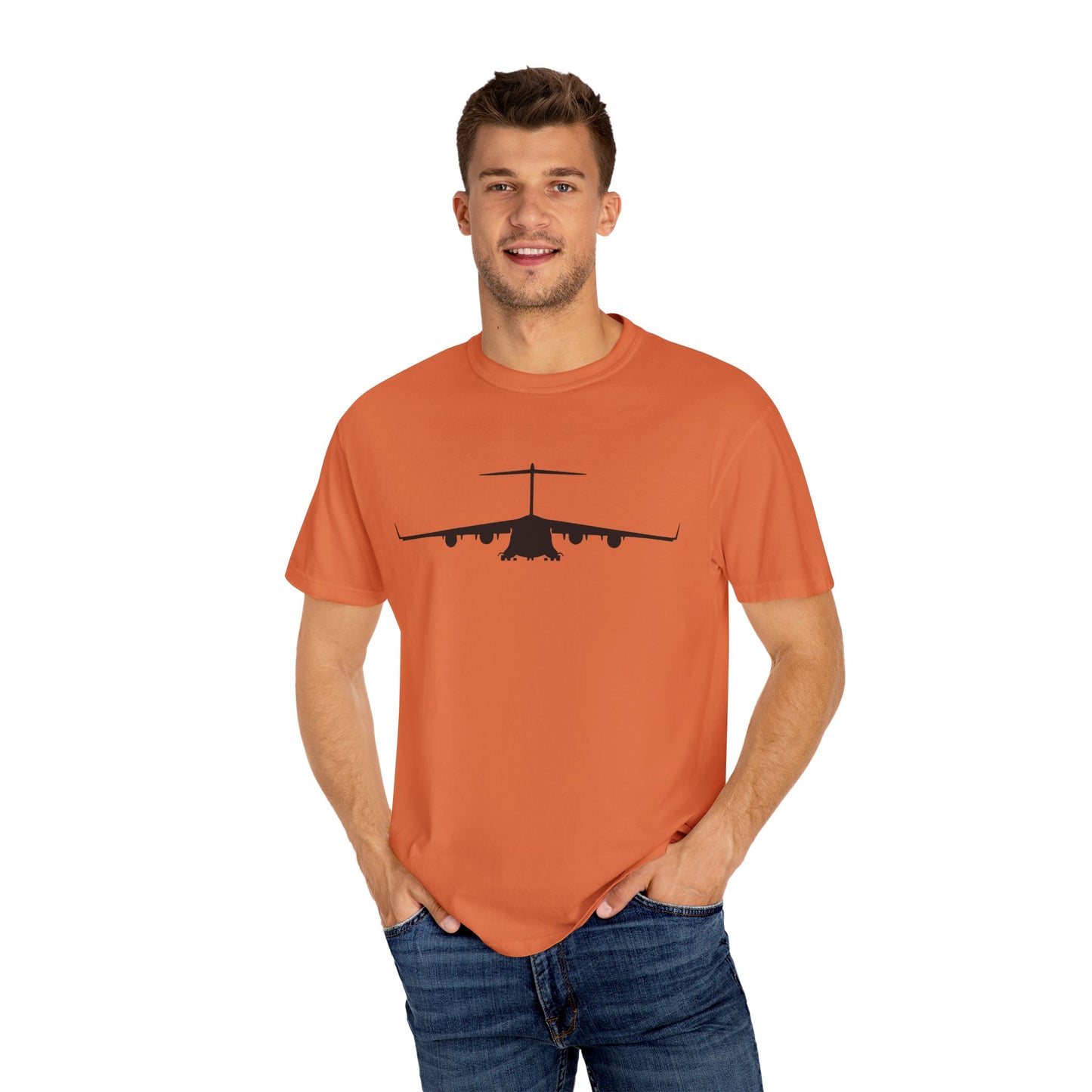 C-17 Front Silhouette Comfort Colors Unisex T-Shirt with Airplane Design, Casual Wear, Gift for Pilots, Aviation Lovers, Travel Enthusiasts, Plane Spotting