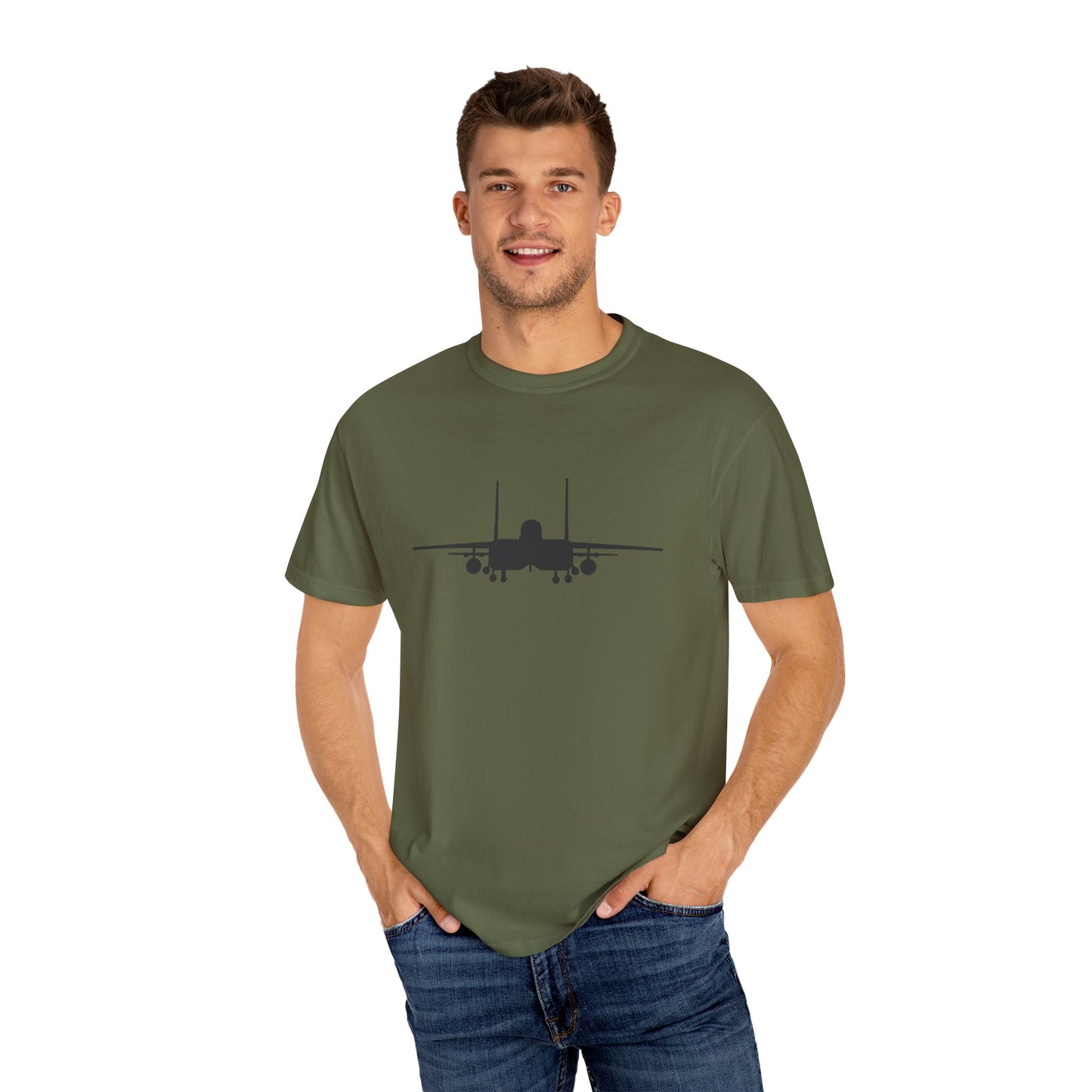 F-15E Front Silhouette Comfort Colors Unisex T-Shirt with Airplane Design, Casual Wear, Gift for Pilots, Aviation Lovers, Travel Enthusiasts, Plane Spotting