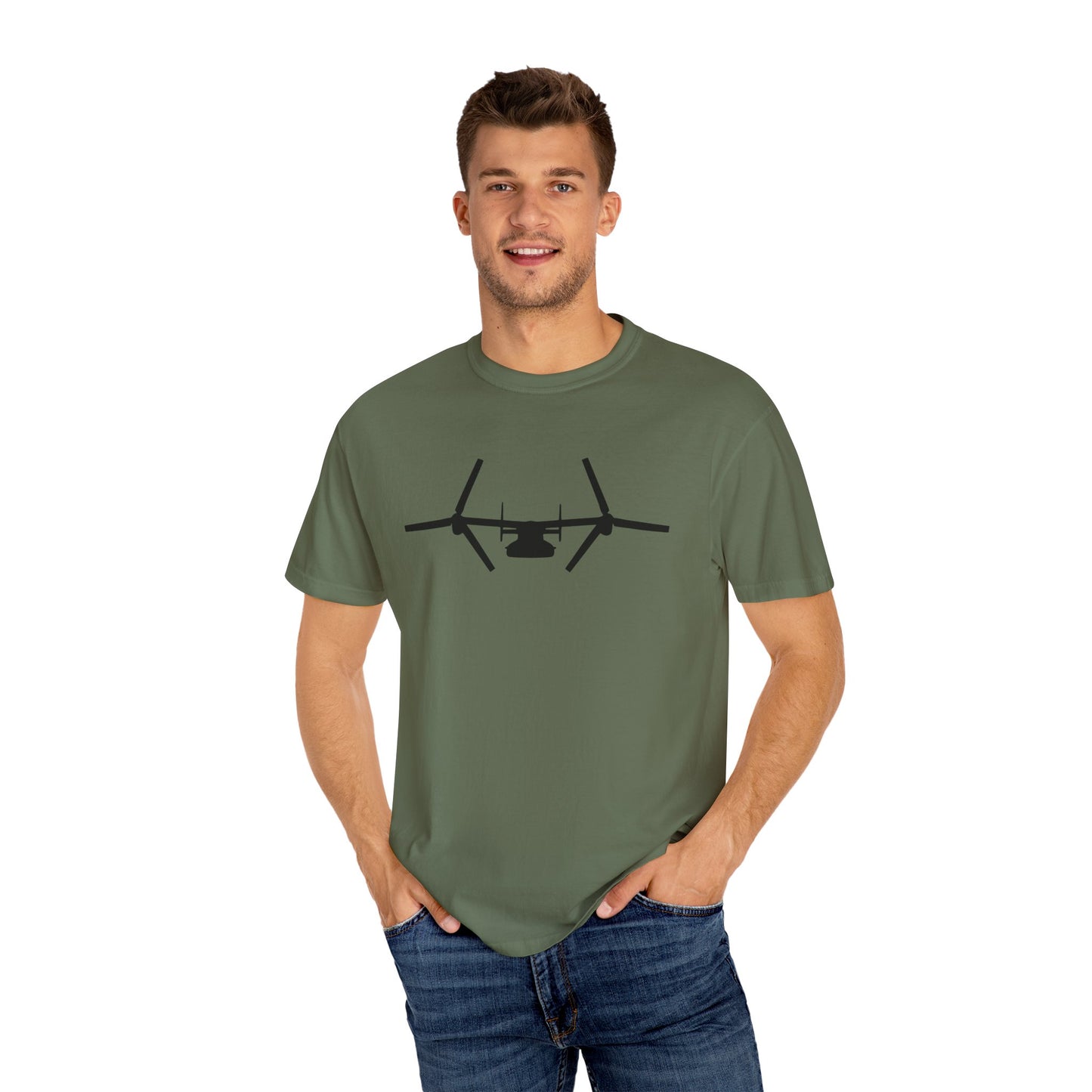 V-22 Front Silhouette Comfort Colors Unisex T-Shirt with Airplane Design, Casual Wear, Gift for Pilots, Aviation Lovers, Travel Enthusiasts, Plane Spotting