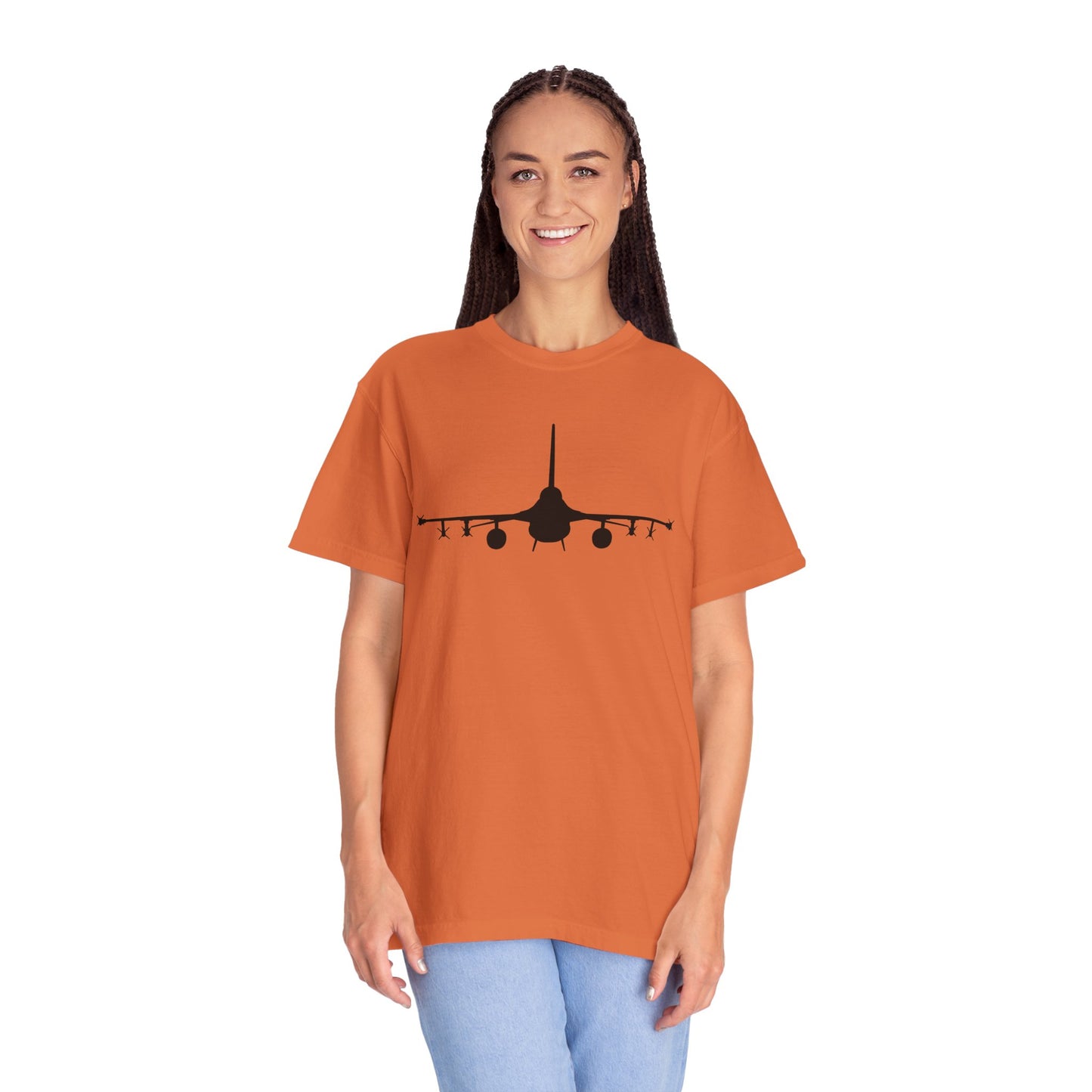 F-16 Front Silhouette Comfort Colors Unisex T-Shirt with Airplane Design, Casual Wear, Gift for Pilots, Aviation Lovers, Travel Enthusiasts, Plane Spotting
