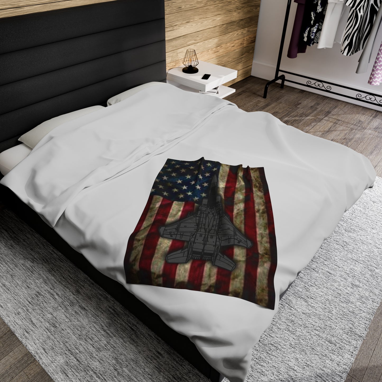 Velveteen Plush Blanket - F-15E Fighter Jet with Old Glory American Flag