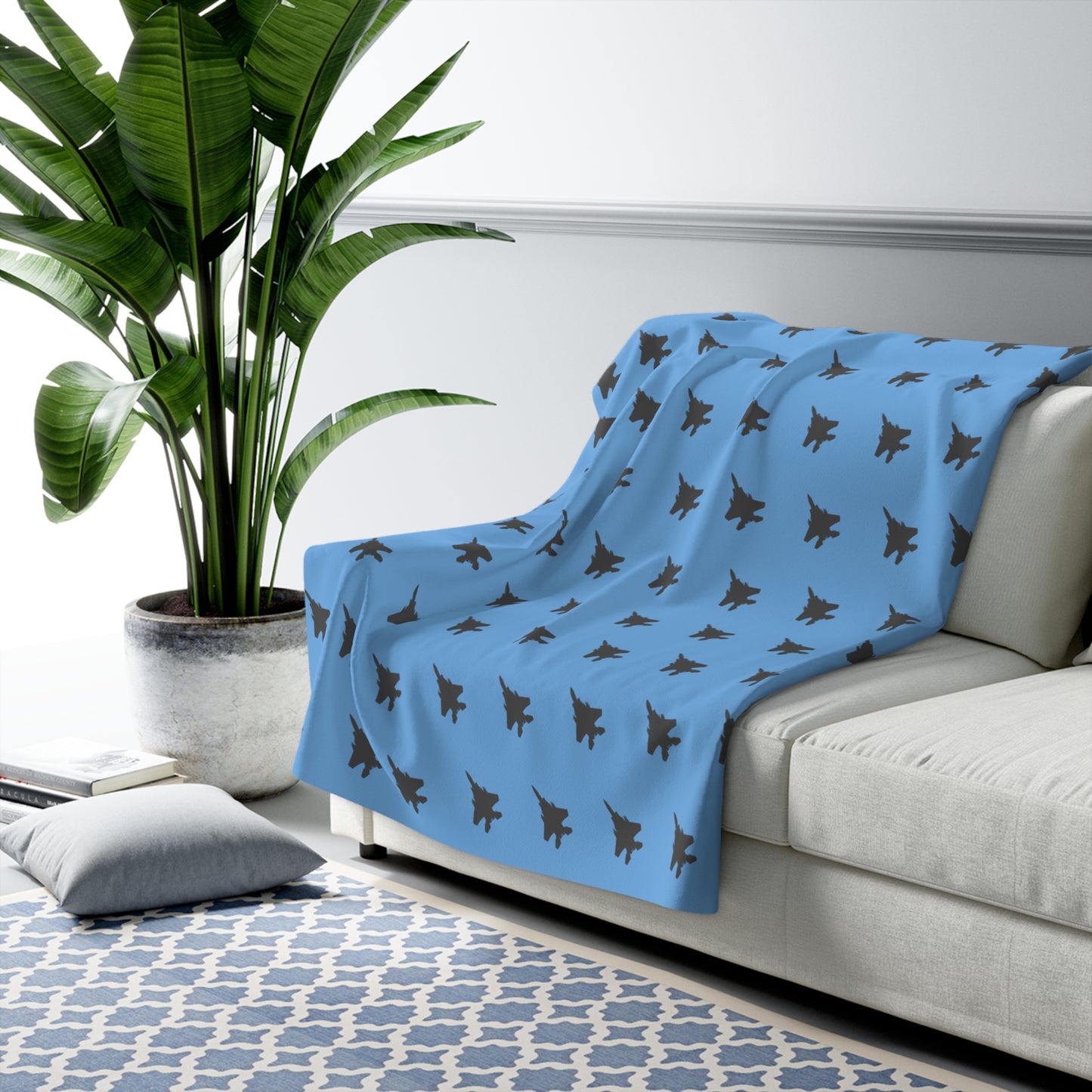 F-15E Pattern Sherpa Fleece Blanket, Light Blue