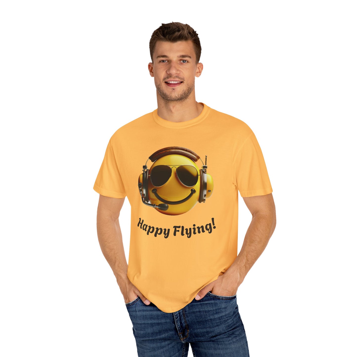 Happy Flying! - Smiley Face Comfort Colors Unisex T-Shirt, Casual Wear, Gift for Pilots, Aviation Lovers, Travel Enthusiasts, Plane Spotting