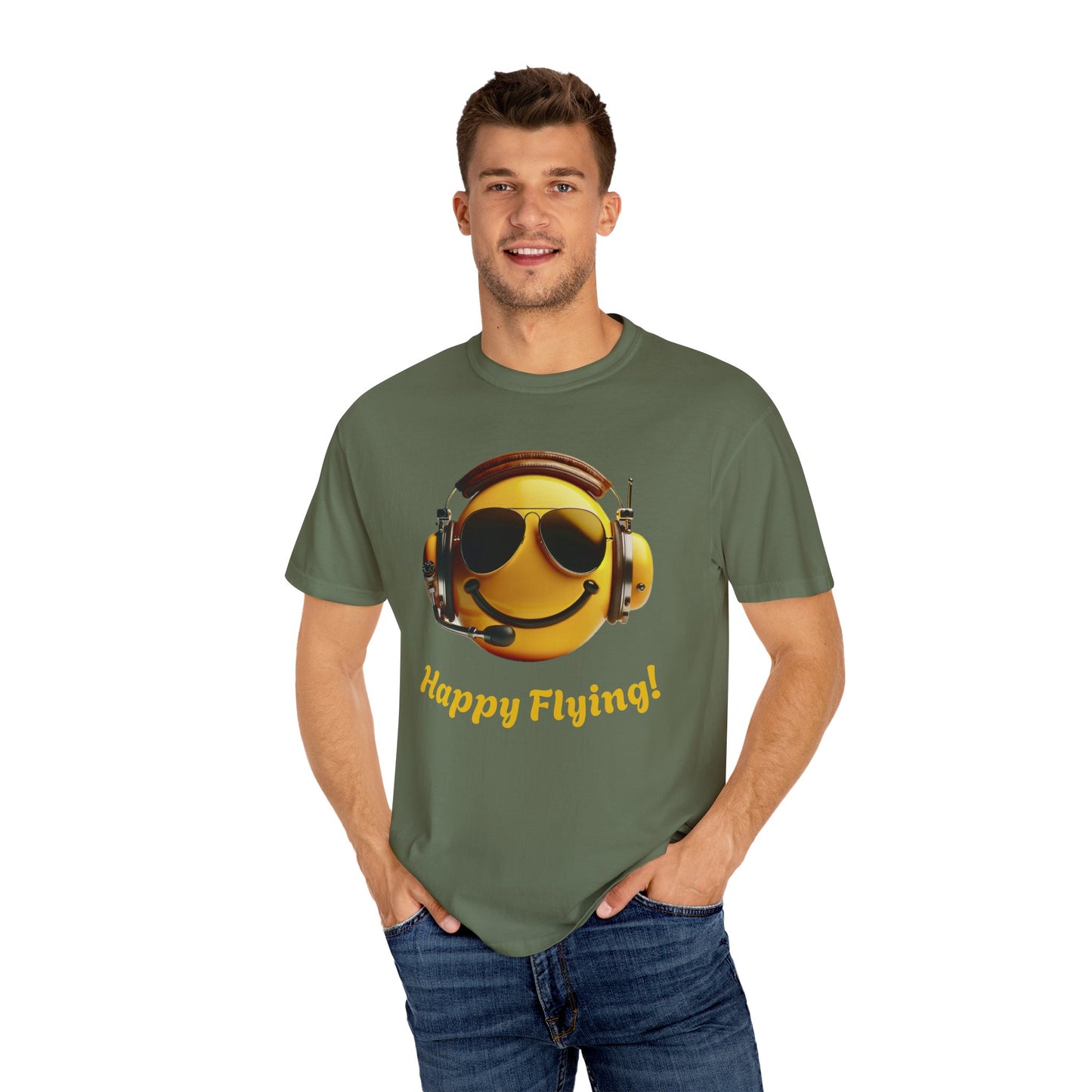 Happy Flying! - Smiley Face Comfort Colors Unisex T-Shirt, Casual Wear, Gift for Pilots, Aviation Lovers, Travel Enthusiasts, Plane Spotting