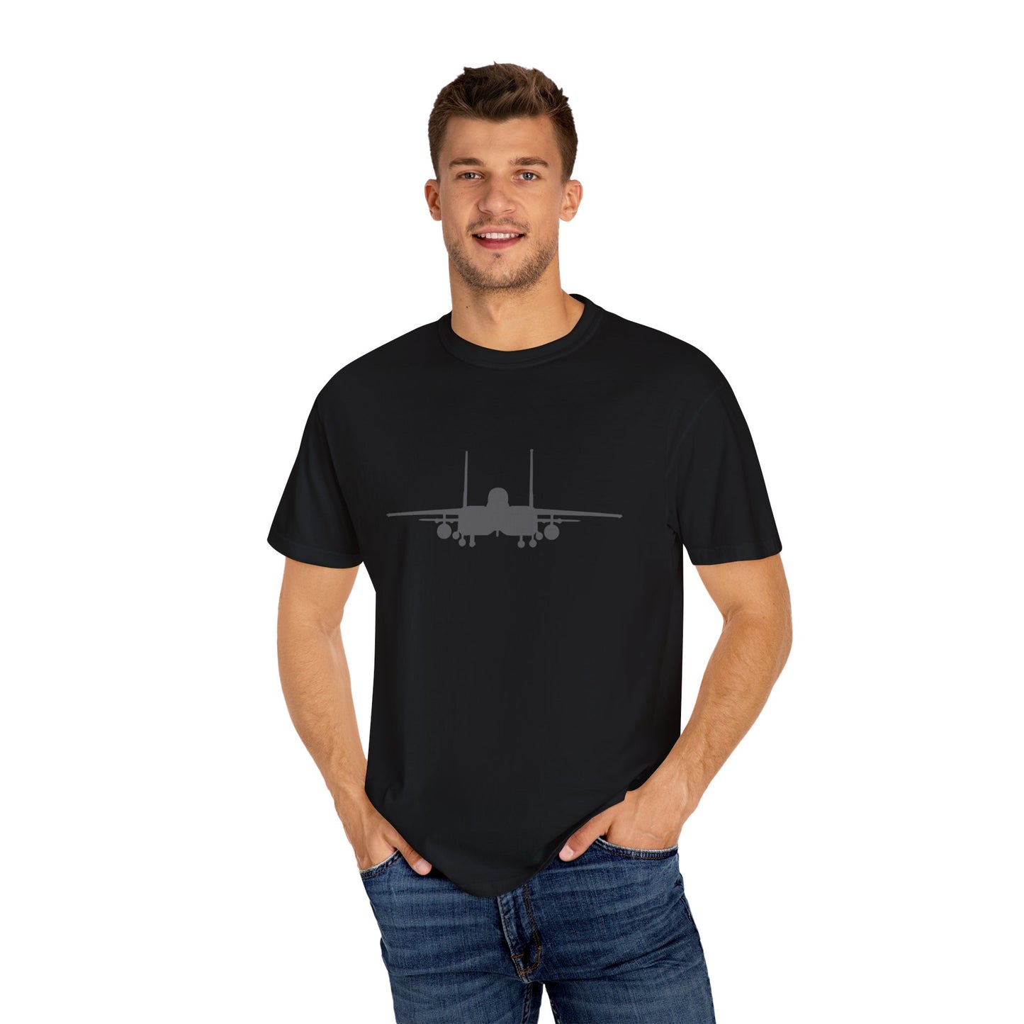 F-15E Front Silhouette Comfort Colors Unisex T-Shirt with Airplane Design, Casual Wear, Gift for Pilots, Aviation Lovers, Travel Enthusiasts, Plane Spotting
