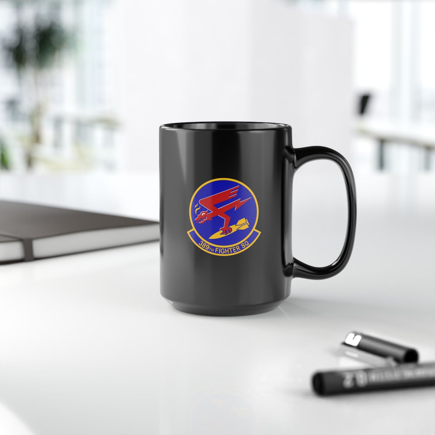 389FS & F-15E Front Silhouette Black Mug, 15oz