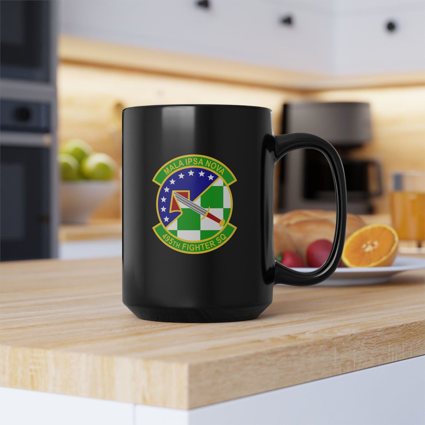 495FS & F-35A Front Silhouette Black Mug, 15oz