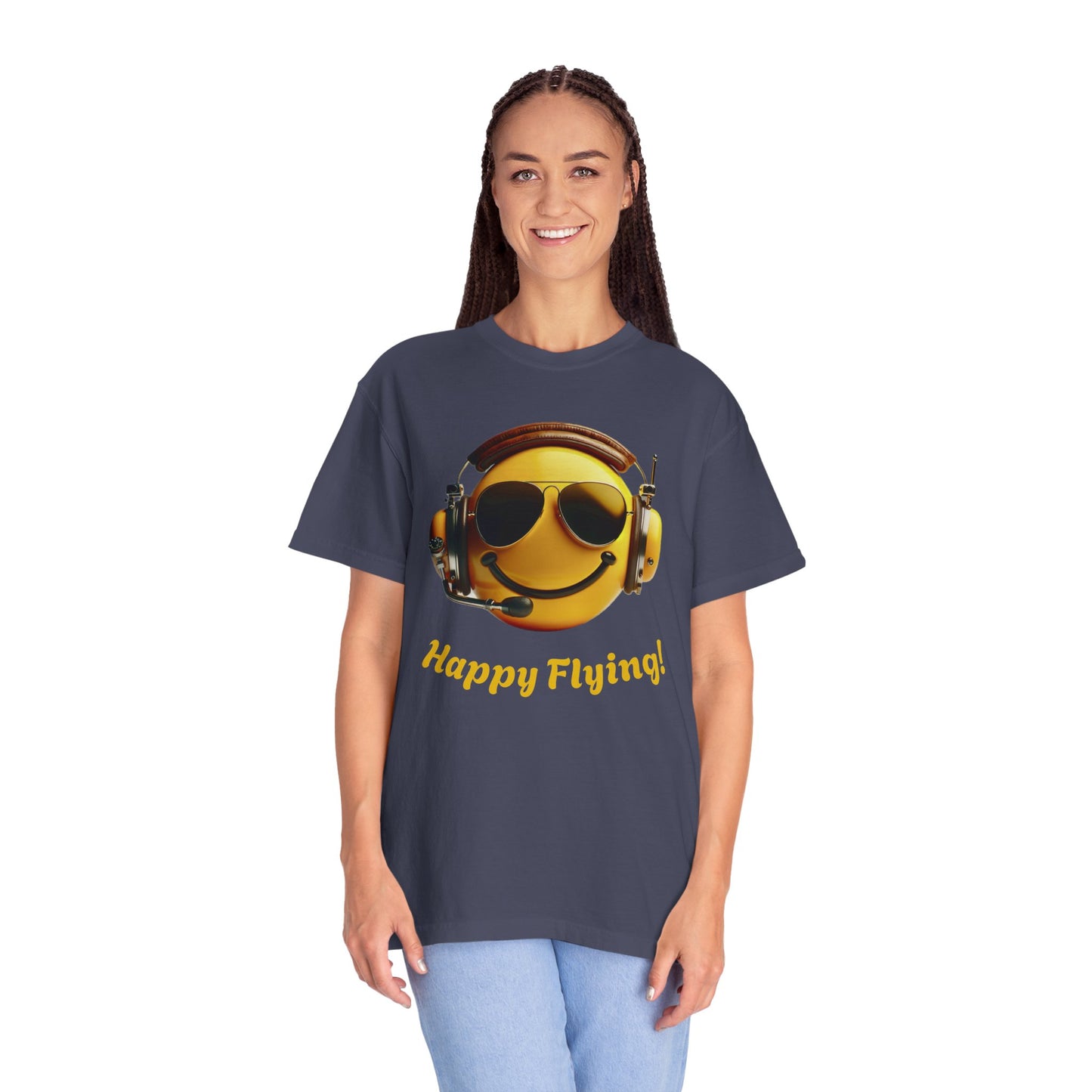 Happy Flying! - Smiley Face Comfort Colors Unisex T-Shirt, Casual Wear, Gift for Pilots, Aviation Lovers, Travel Enthusiasts, Plane Spotting