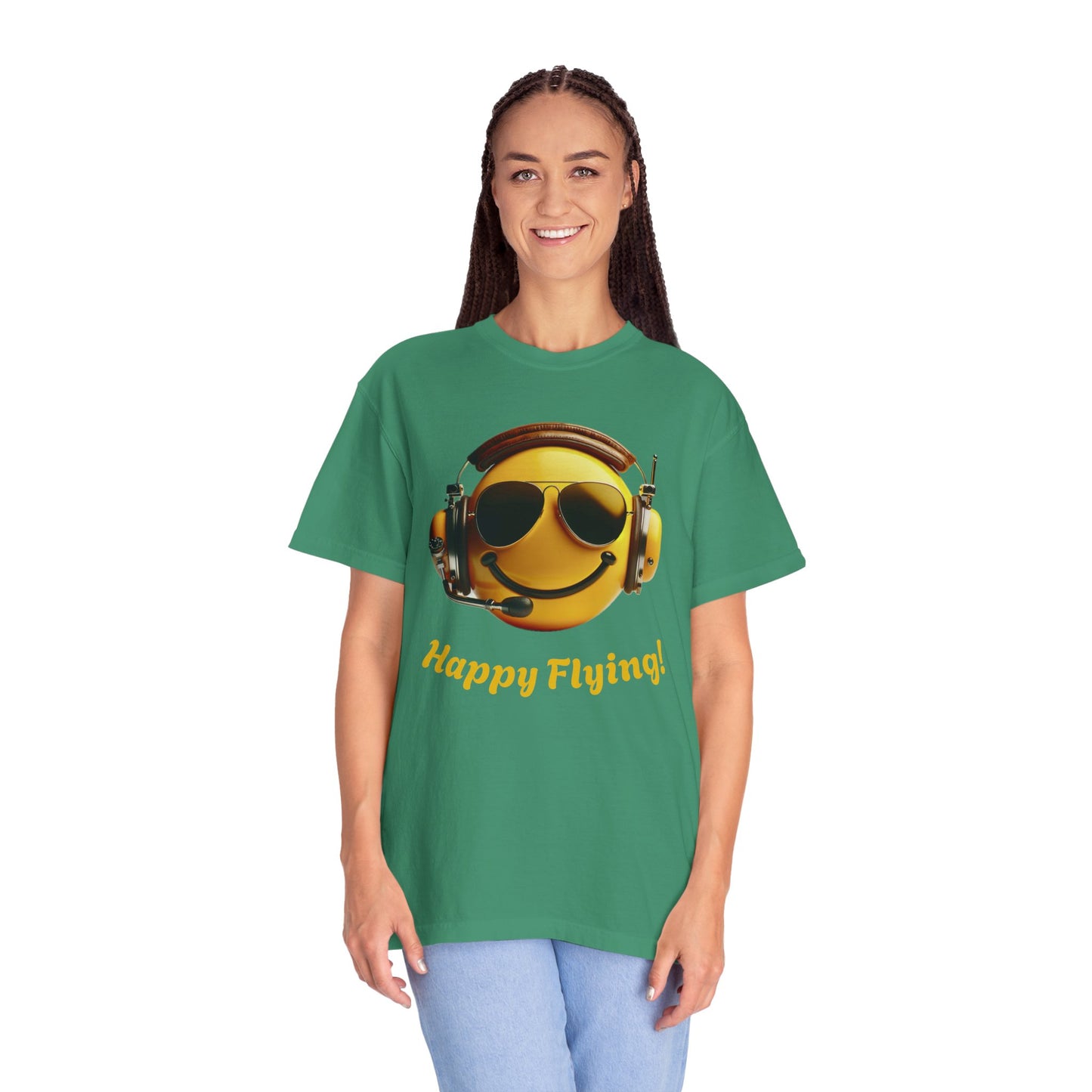 Happy Flying! - Smiley Face Comfort Colors Unisex T-Shirt, Casual Wear, Gift for Pilots, Aviation Lovers, Travel Enthusiasts, Plane Spotting