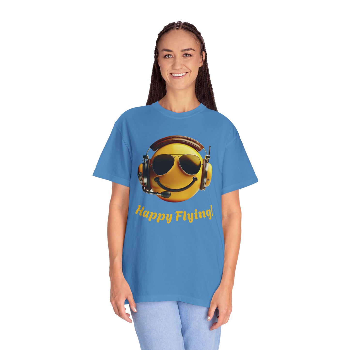 Happy Flying! - Smiley Face Comfort Colors Unisex T-Shirt, Casual Wear, Gift for Pilots, Aviation Lovers, Travel Enthusiasts, Plane Spotting