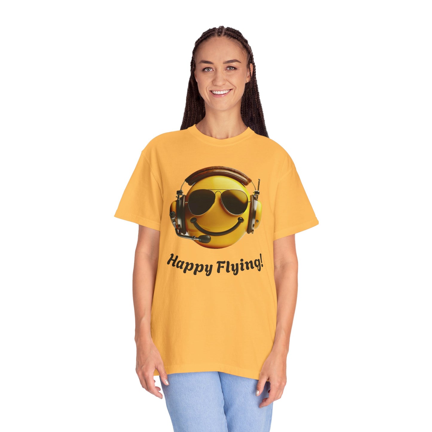 Happy Flying! - Smiley Face Comfort Colors Unisex T-Shirt, Casual Wear, Gift for Pilots, Aviation Lovers, Travel Enthusiasts, Plane Spotting
