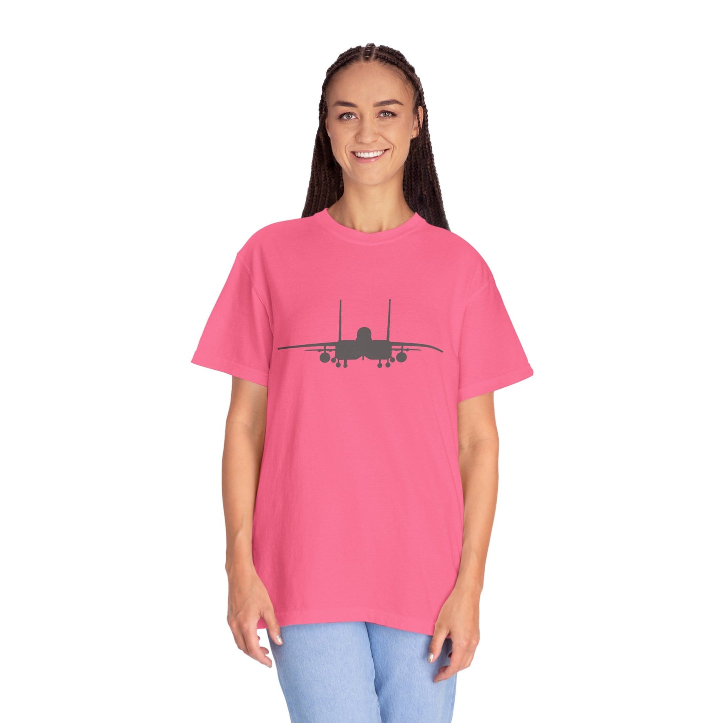 F-15E Front Silhouette Comfort Colors Unisex T-Shirt with Airplane Design, Casual Wear, Gift for Pilots, Aviation Lovers, Travel Enthusiasts, Plane Spotting