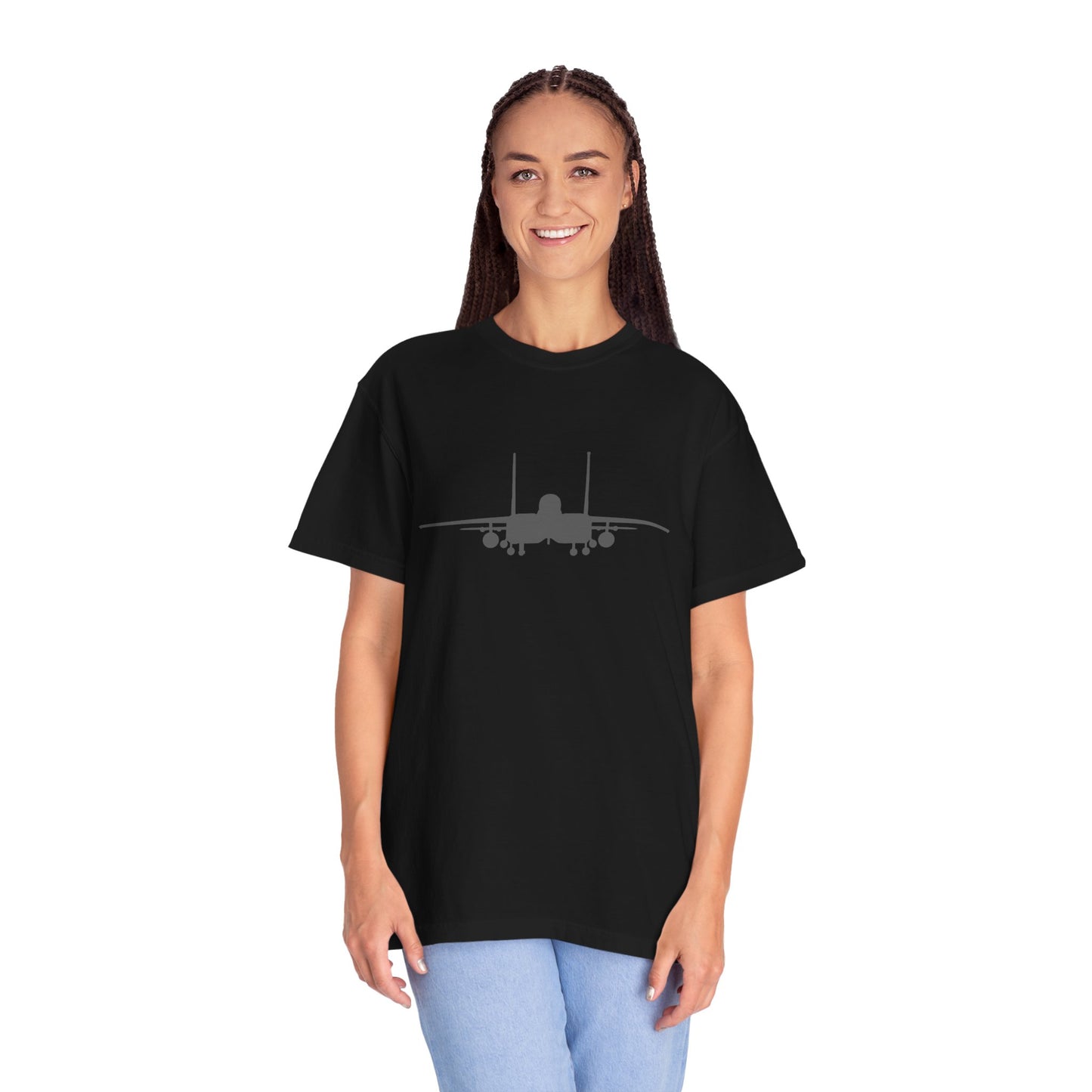 F-15E Front Silhouette Comfort Colors Unisex T-Shirt with Airplane Design, Casual Wear, Gift for Pilots, Aviation Lovers, Travel Enthusiasts, Plane Spotting