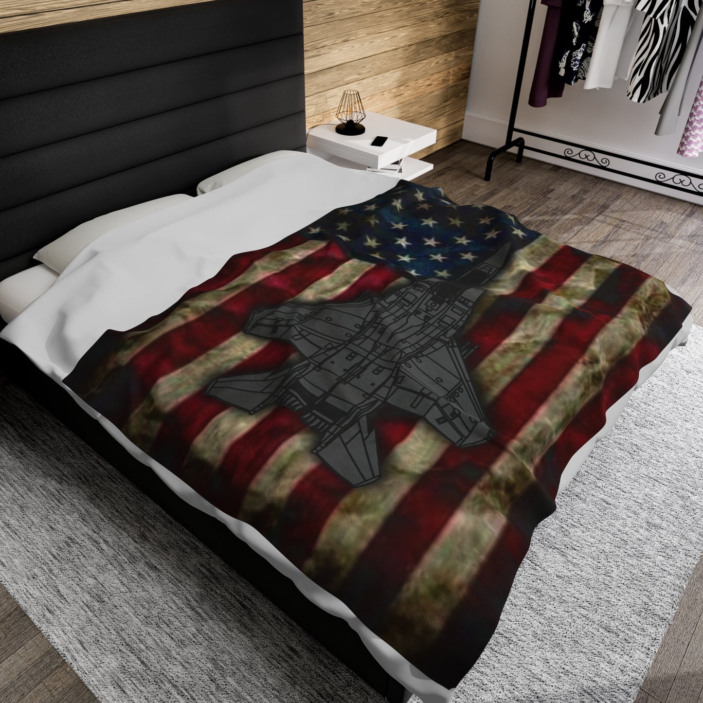 Velveteen Plush Blanket - F-15E Fighter Jet with Old Glory American Flag